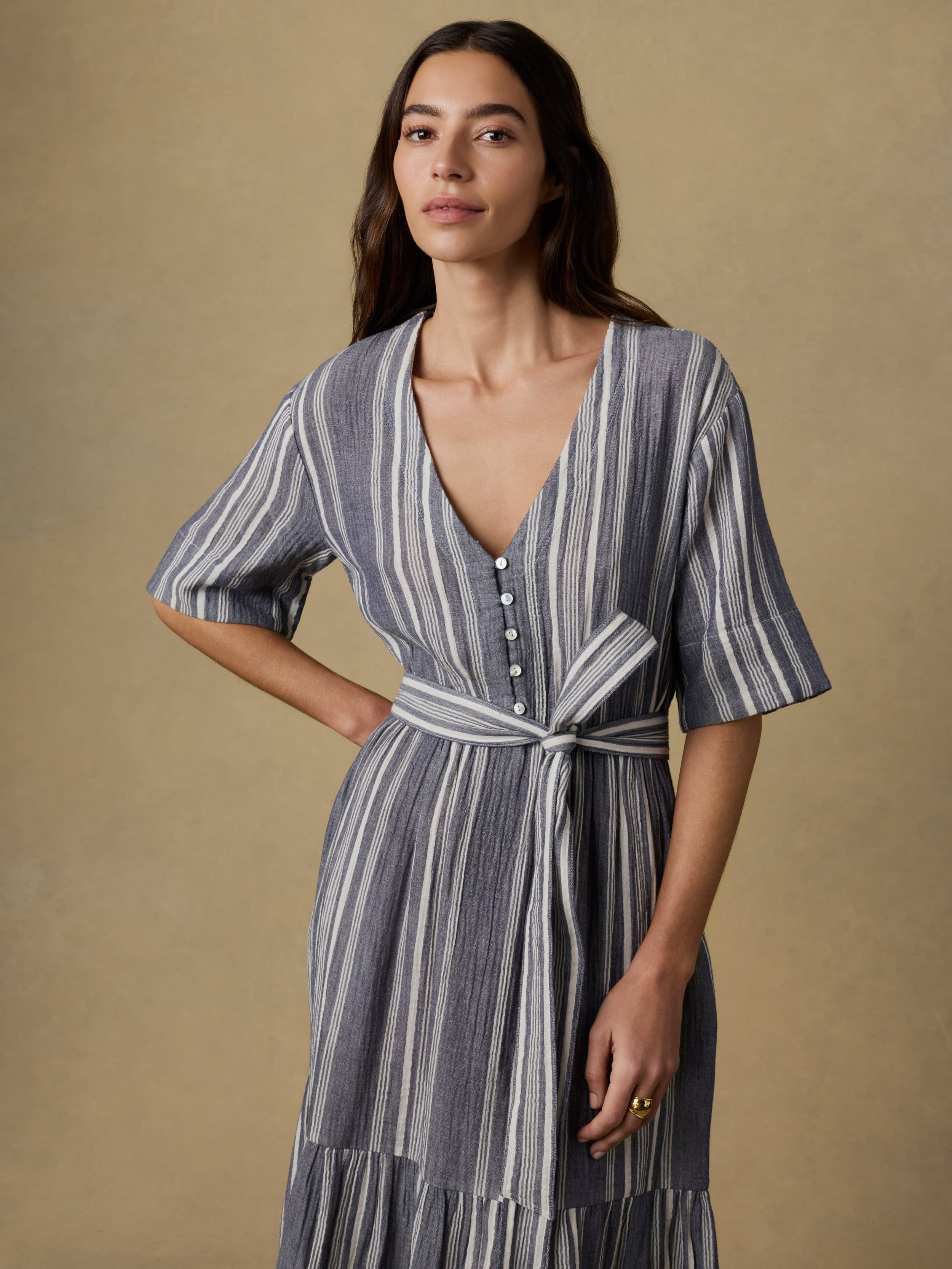 airy gauze empire waist midi dress in stripe Faherty Women's Dune Cotton Gauze Marina Dress