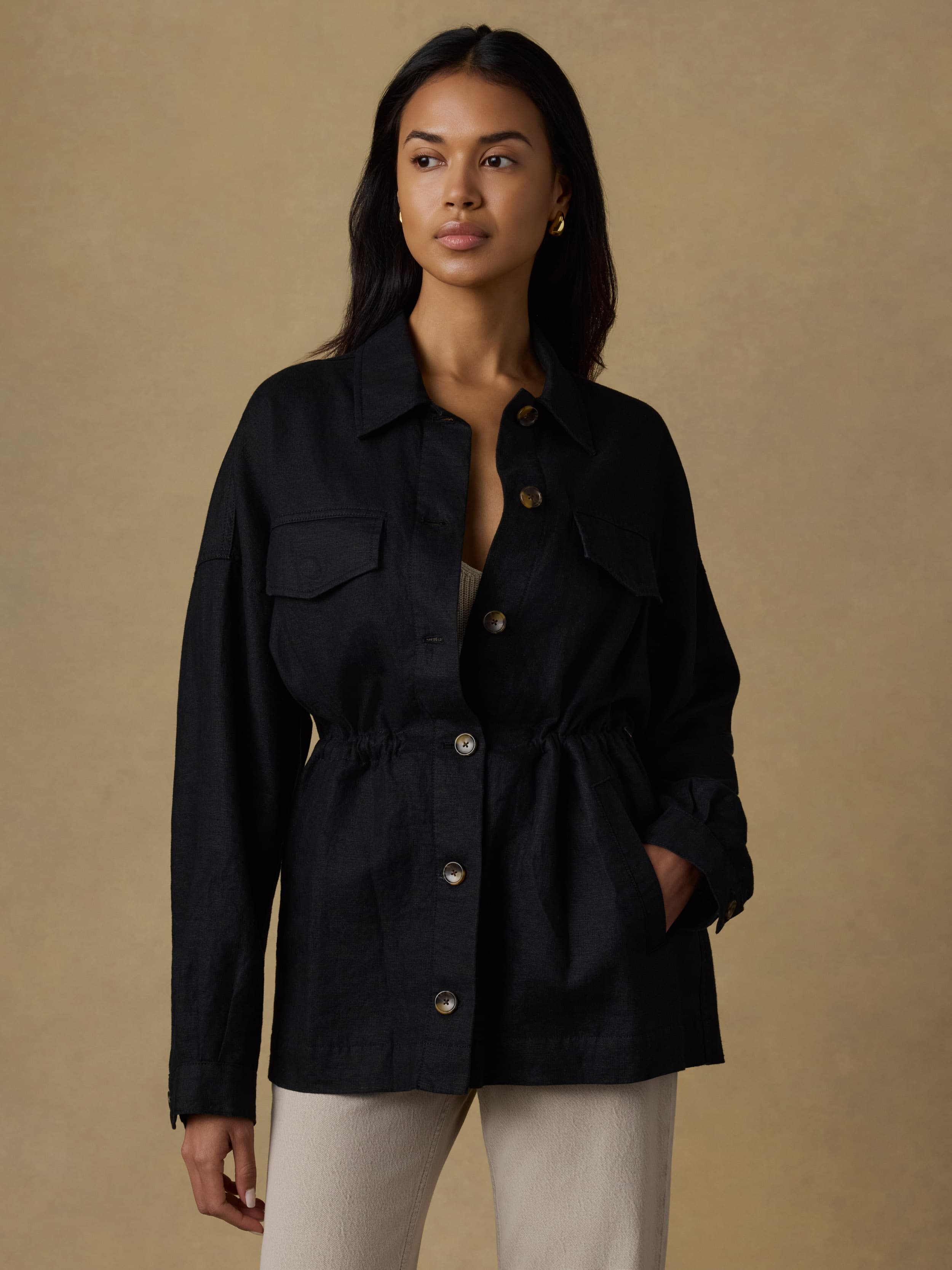 Sun Strider Linen Utility Jacket - Black | Faherty Brand