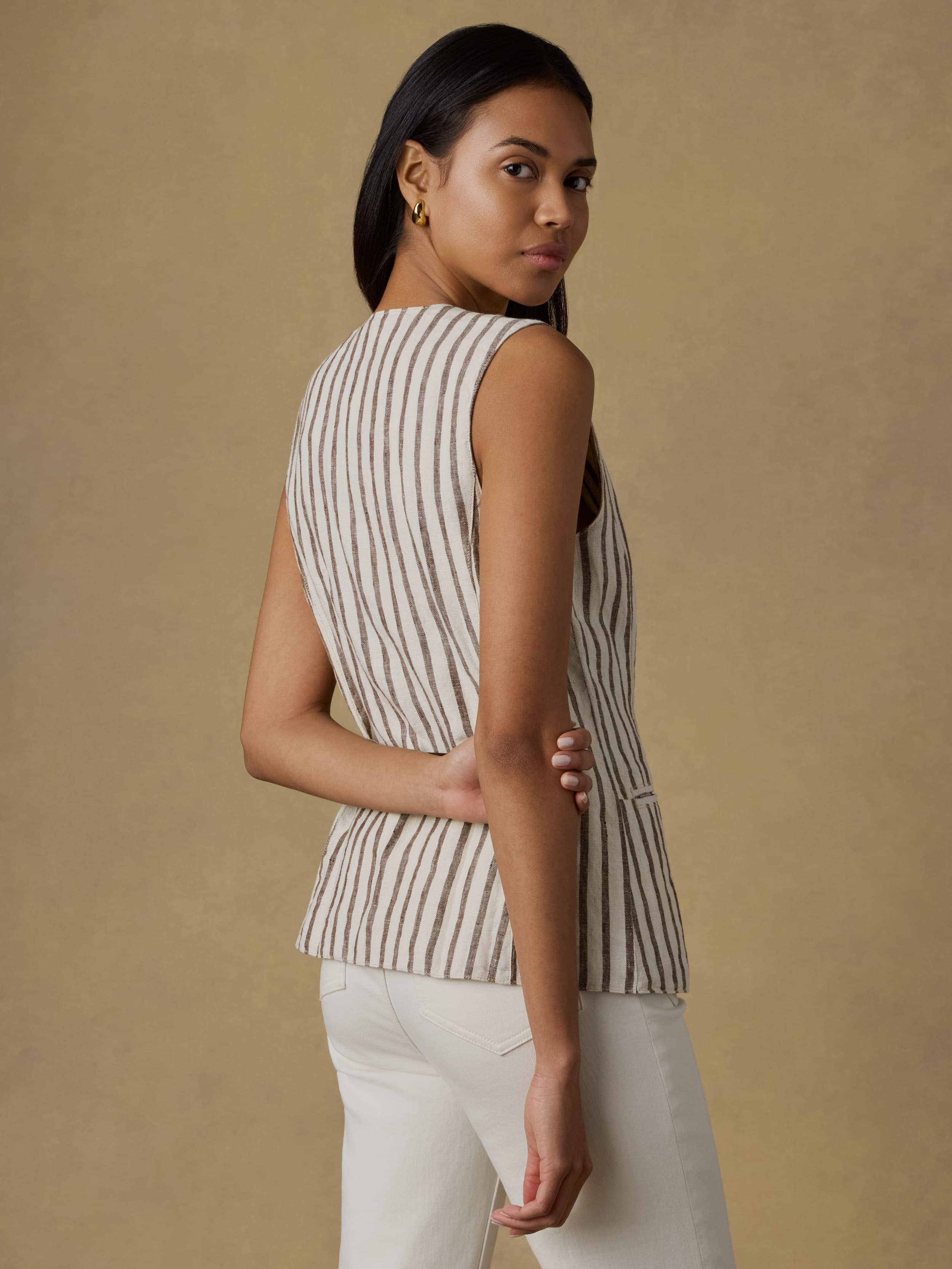  | Sun Strider Linen Vest - Cocoa Grove Stripe | Faherty Brand