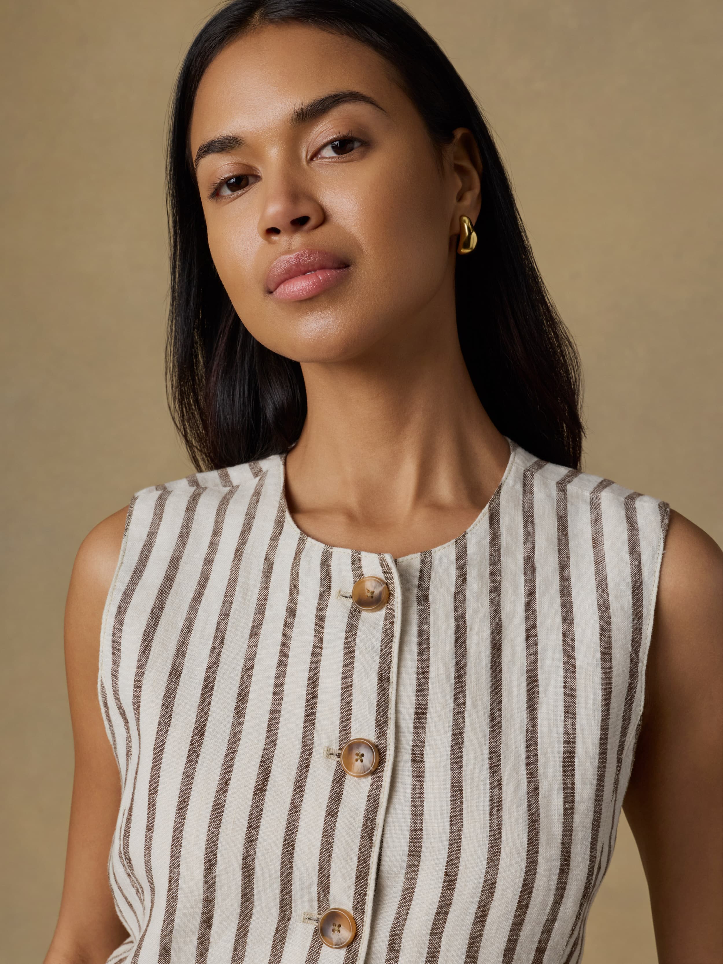  | Sun Strider Linen Vest - Cocoa Grove Stripe | Faherty Brand