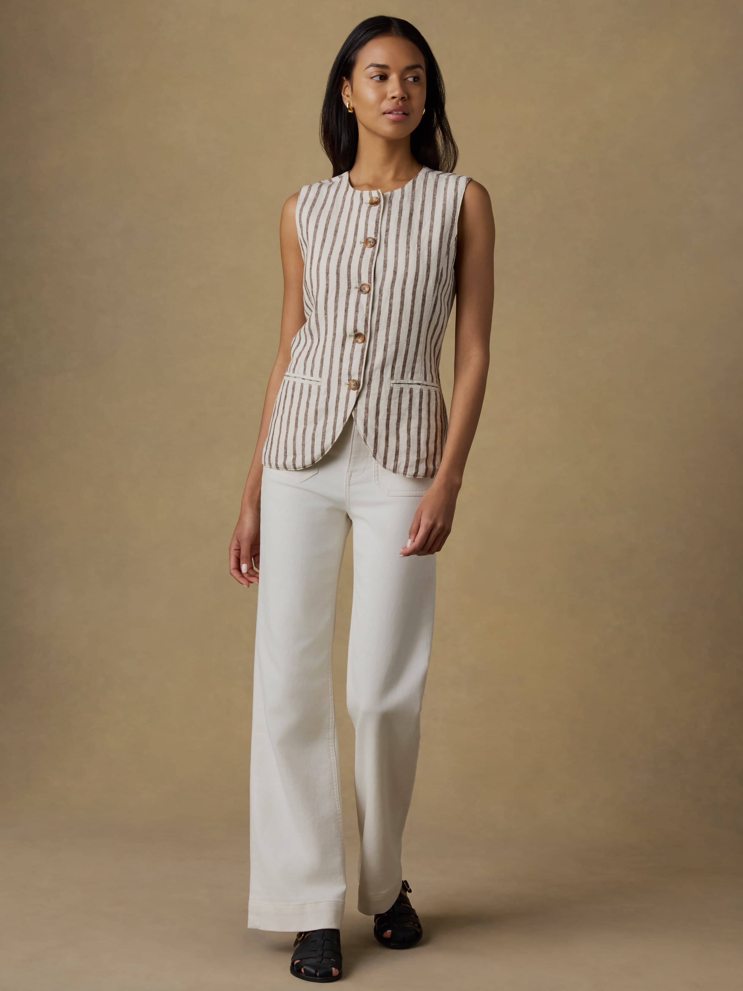  | Sun Strider Linen Vest - Cocoa Grove Stripe | Faherty Brand