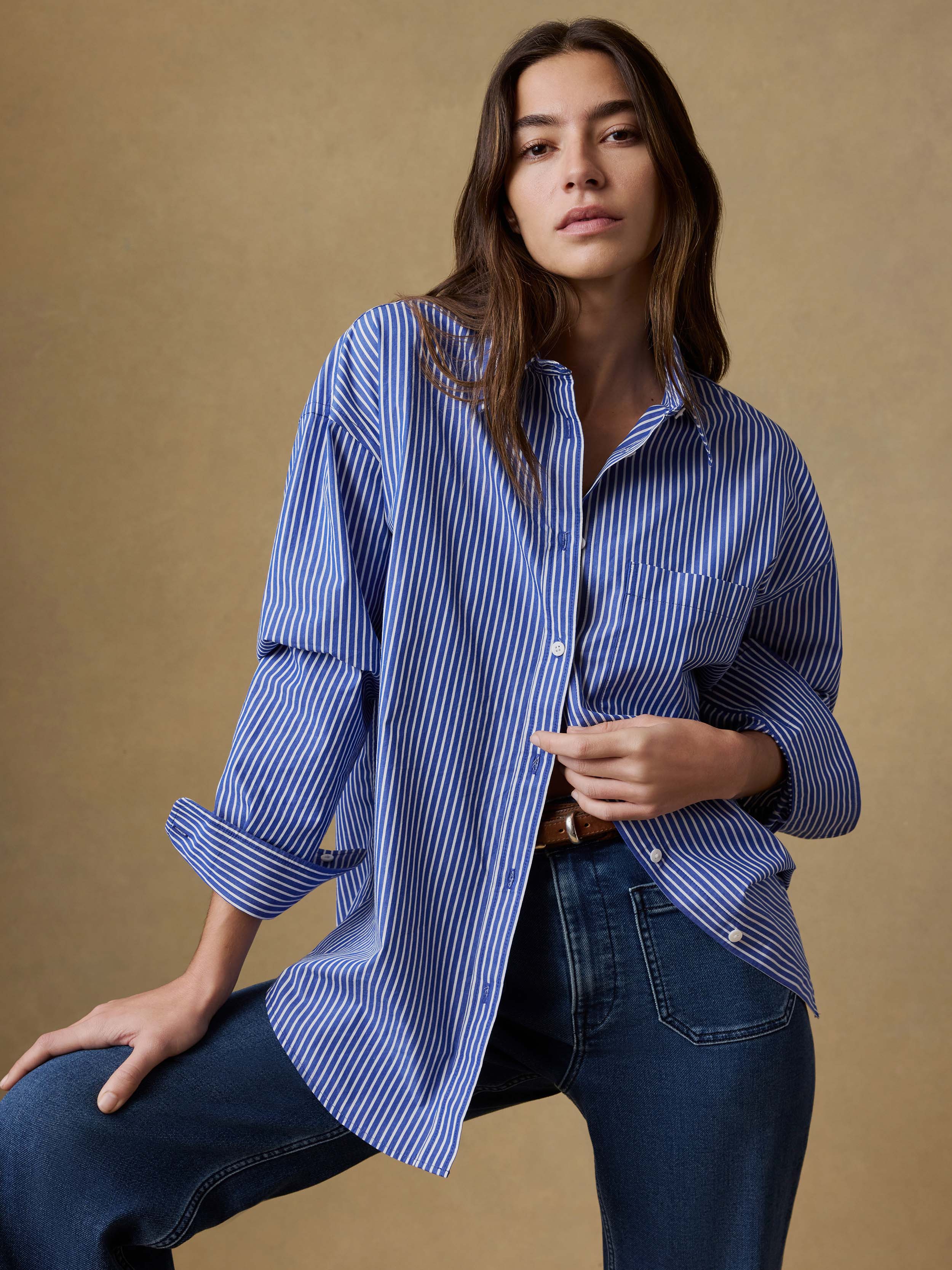 Faherty Womens Coastal Poplin Relaxed Shirt (Endless Coast Stripe, M)