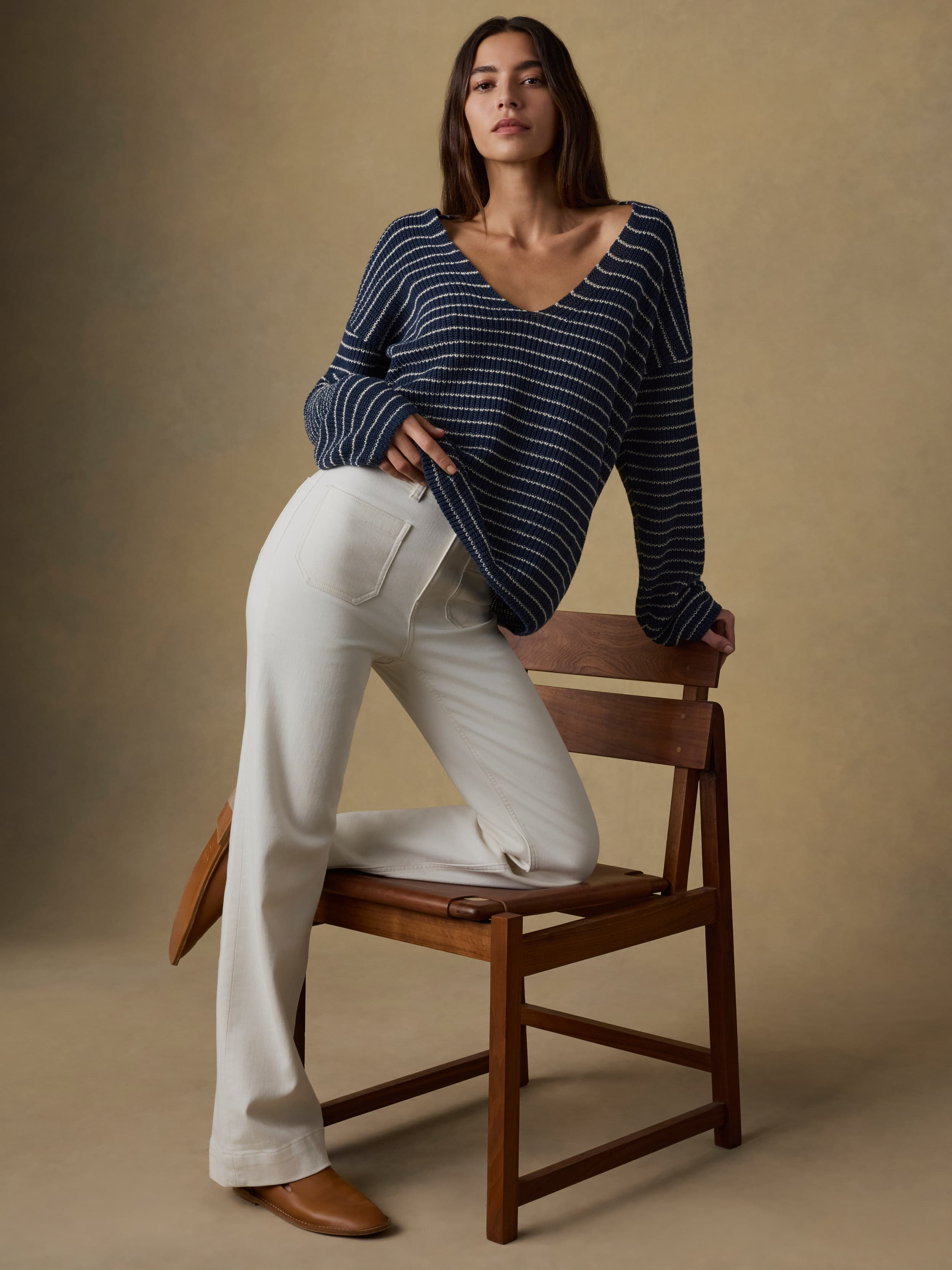 Miramar Linen Deep V-Neck Sweater - Navy Stripe | Faherty Brand