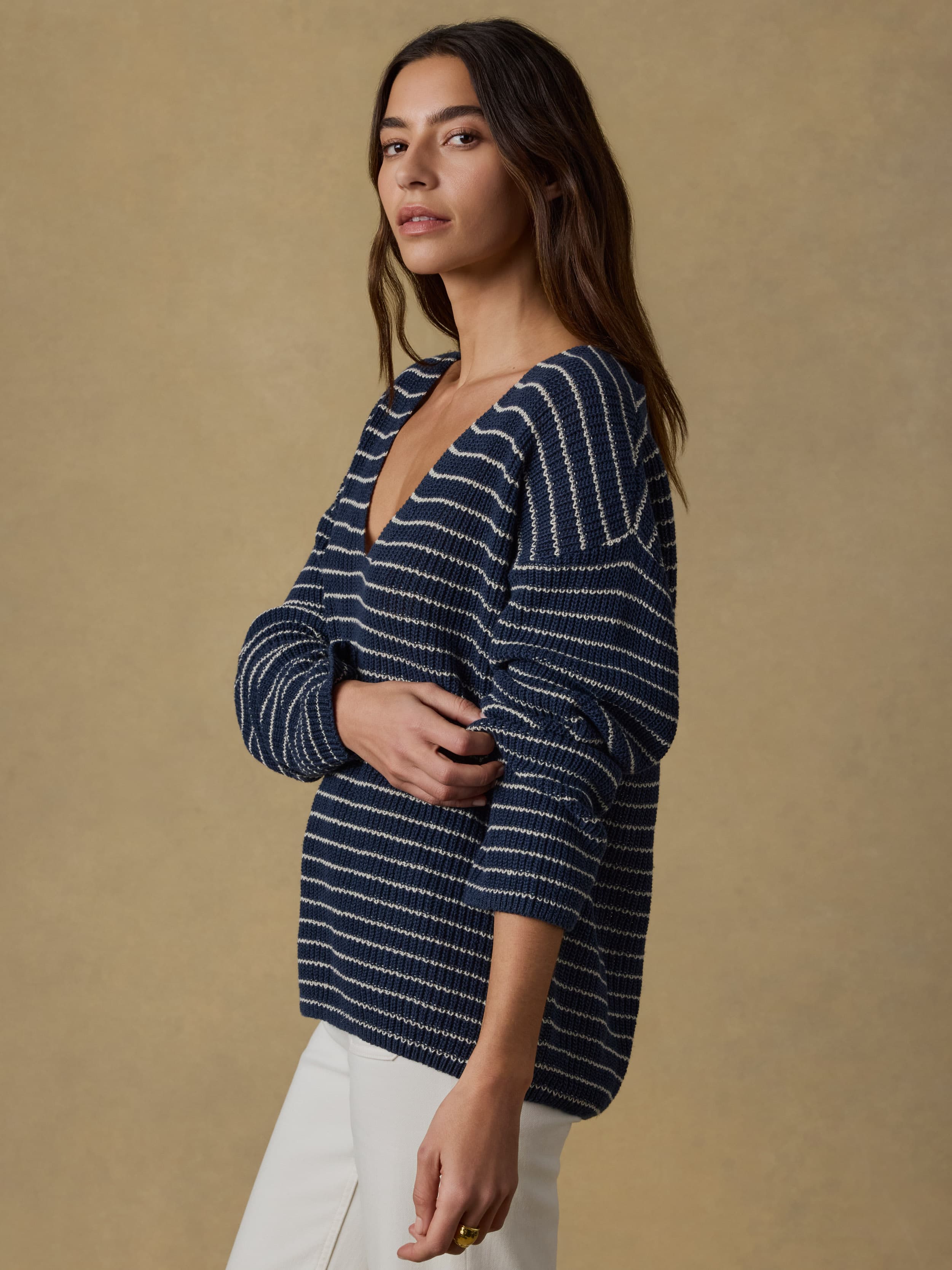 Miramar Linen Deep V-Neck Sweater - Navy Stripe | Faherty Brand