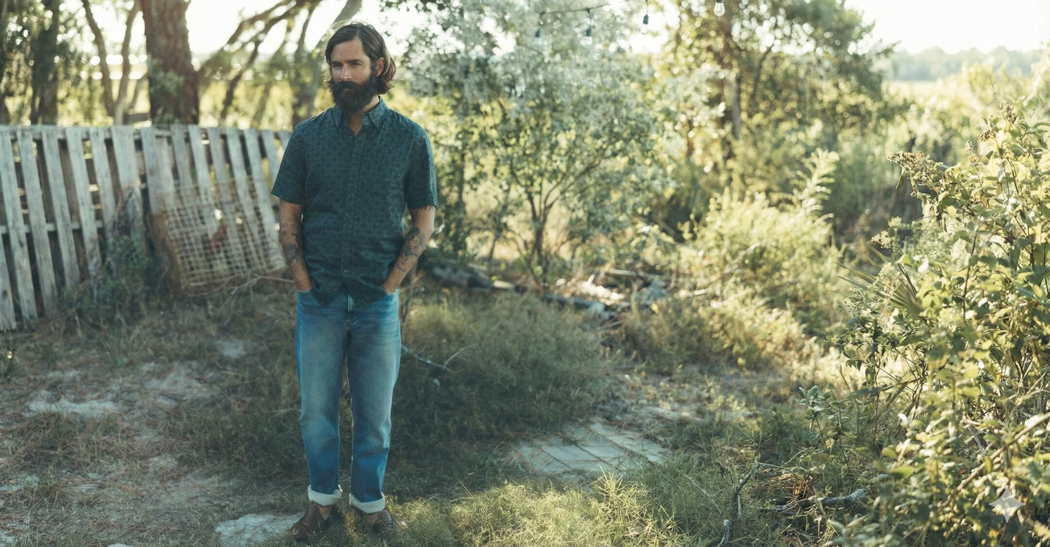 A male model in a southern garden, wearing stretch terry pants, huarache sandals and a short sleeve button up shirt.