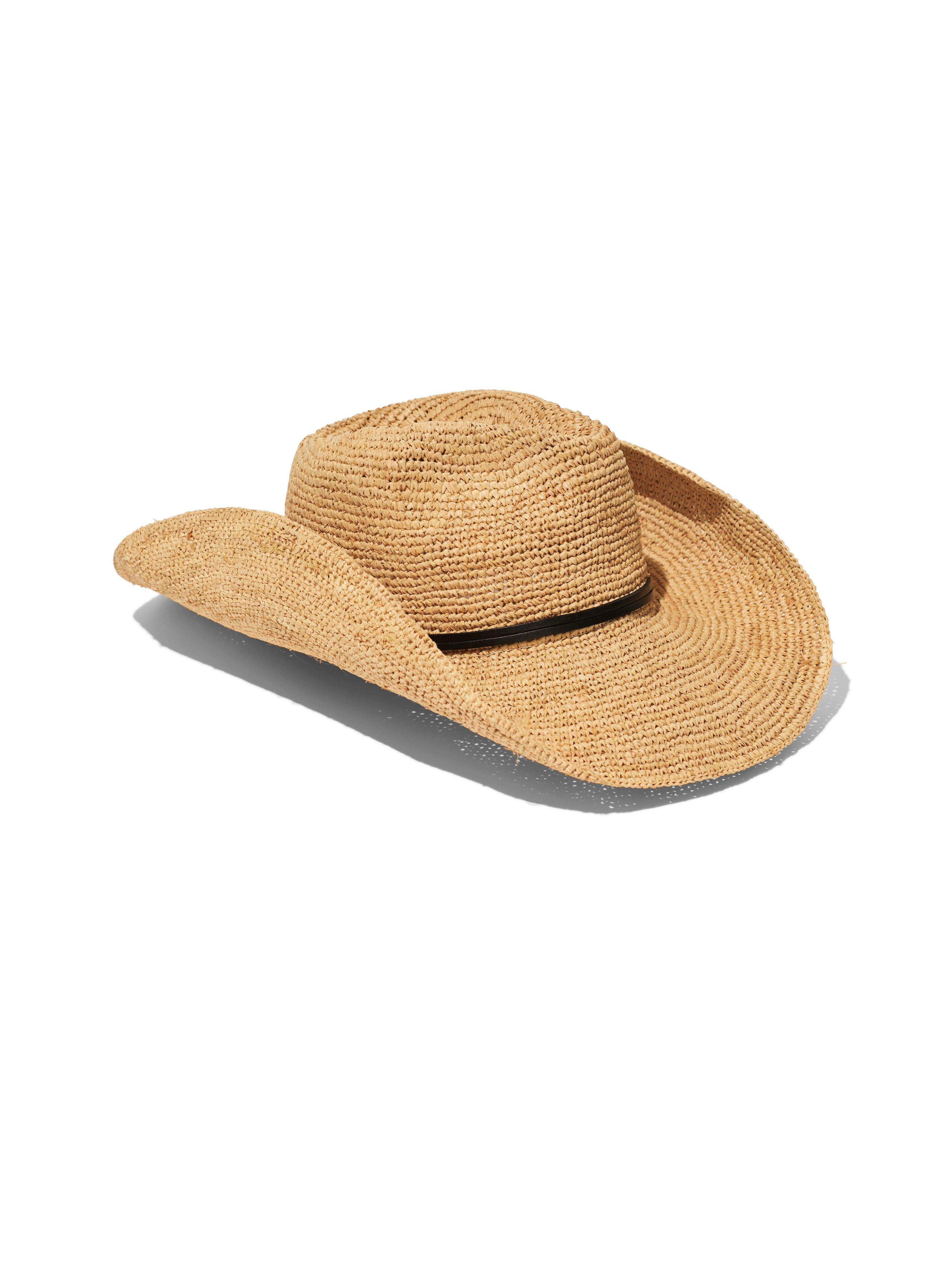 Leather-Trimmed Raffia Straw Hat - Natural