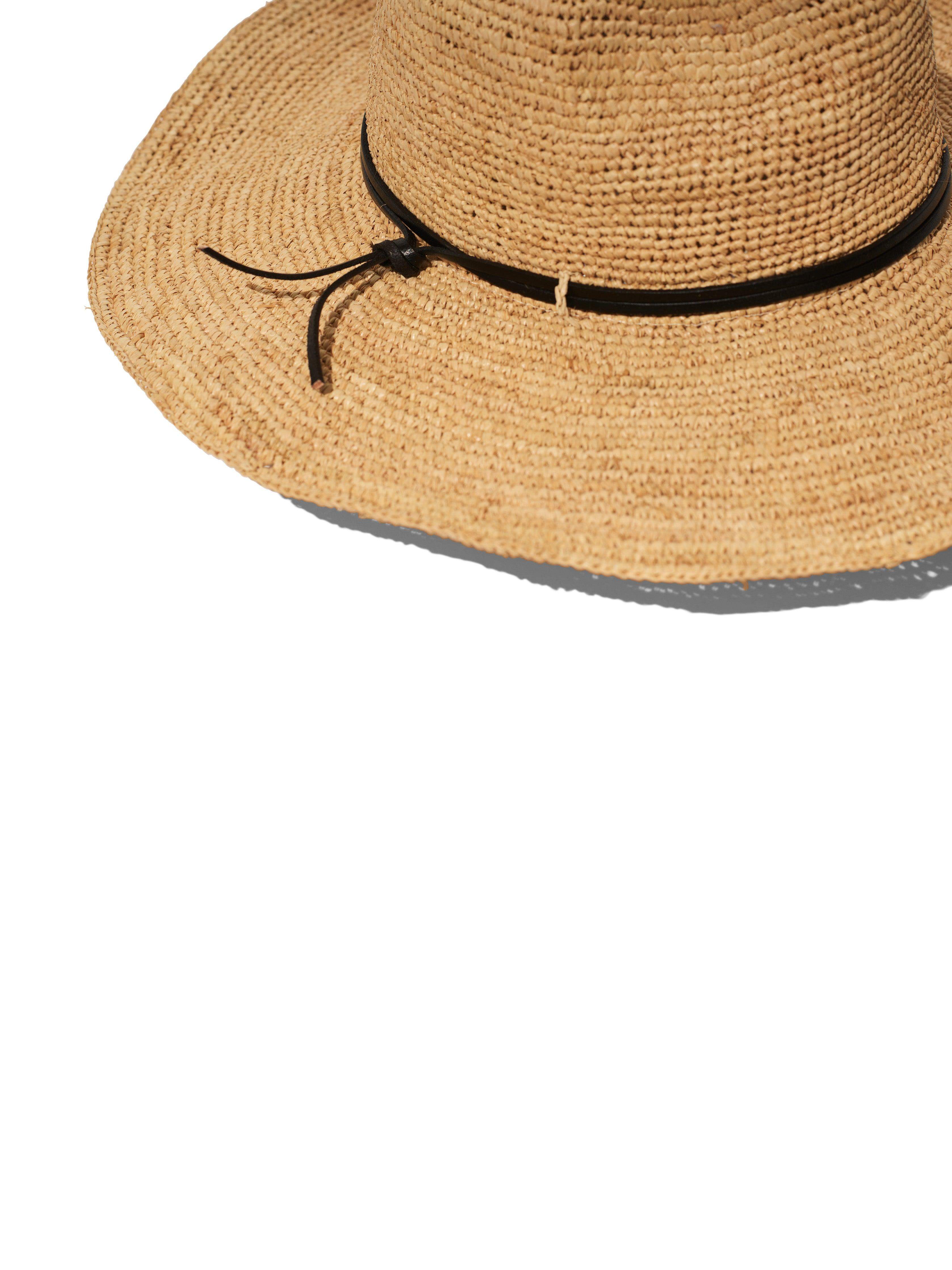 Leather-Trimmed Raffia Straw Hat - Natural