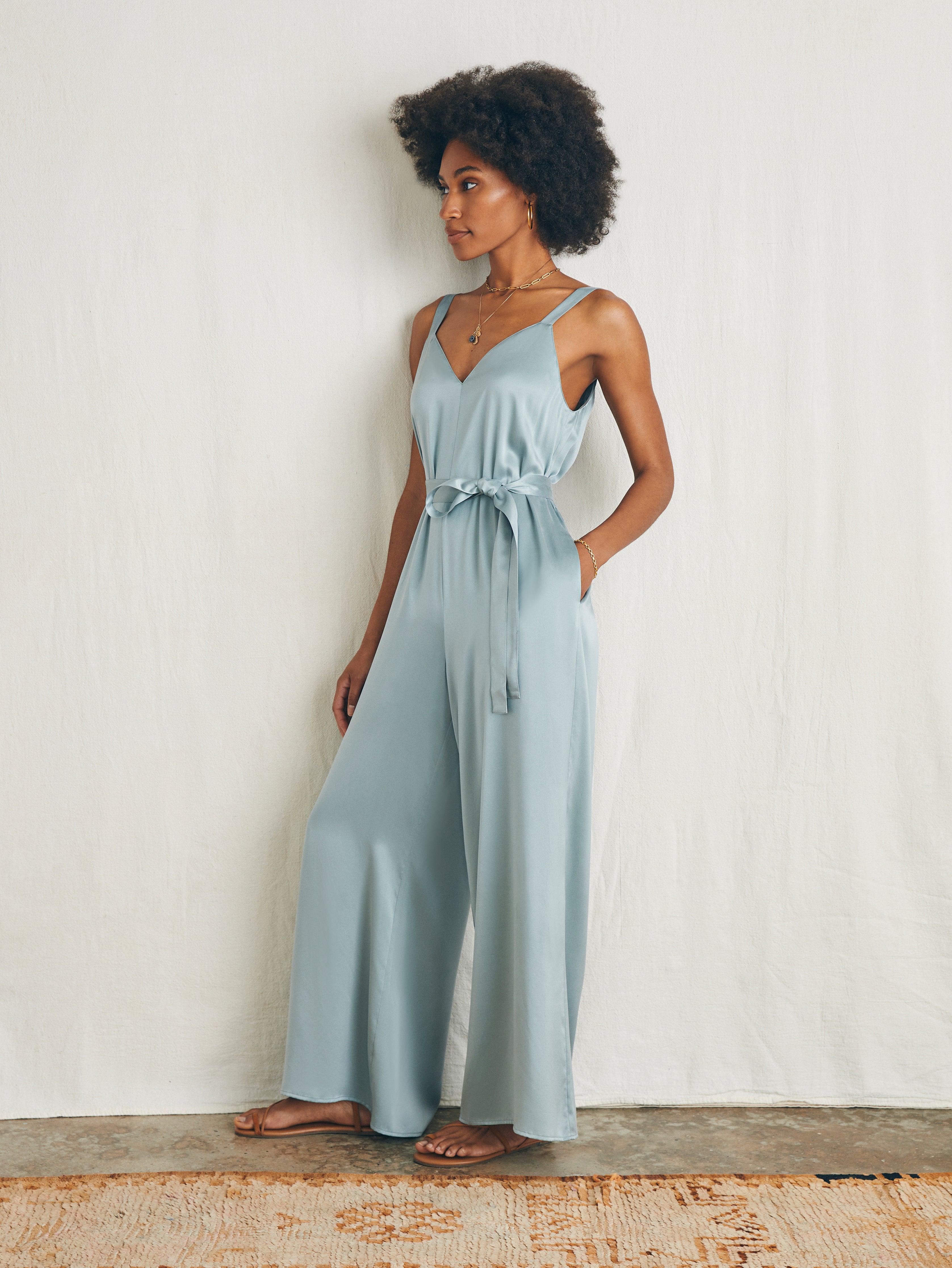 Sandwashed Silk Jumpsuit - Silver Blue