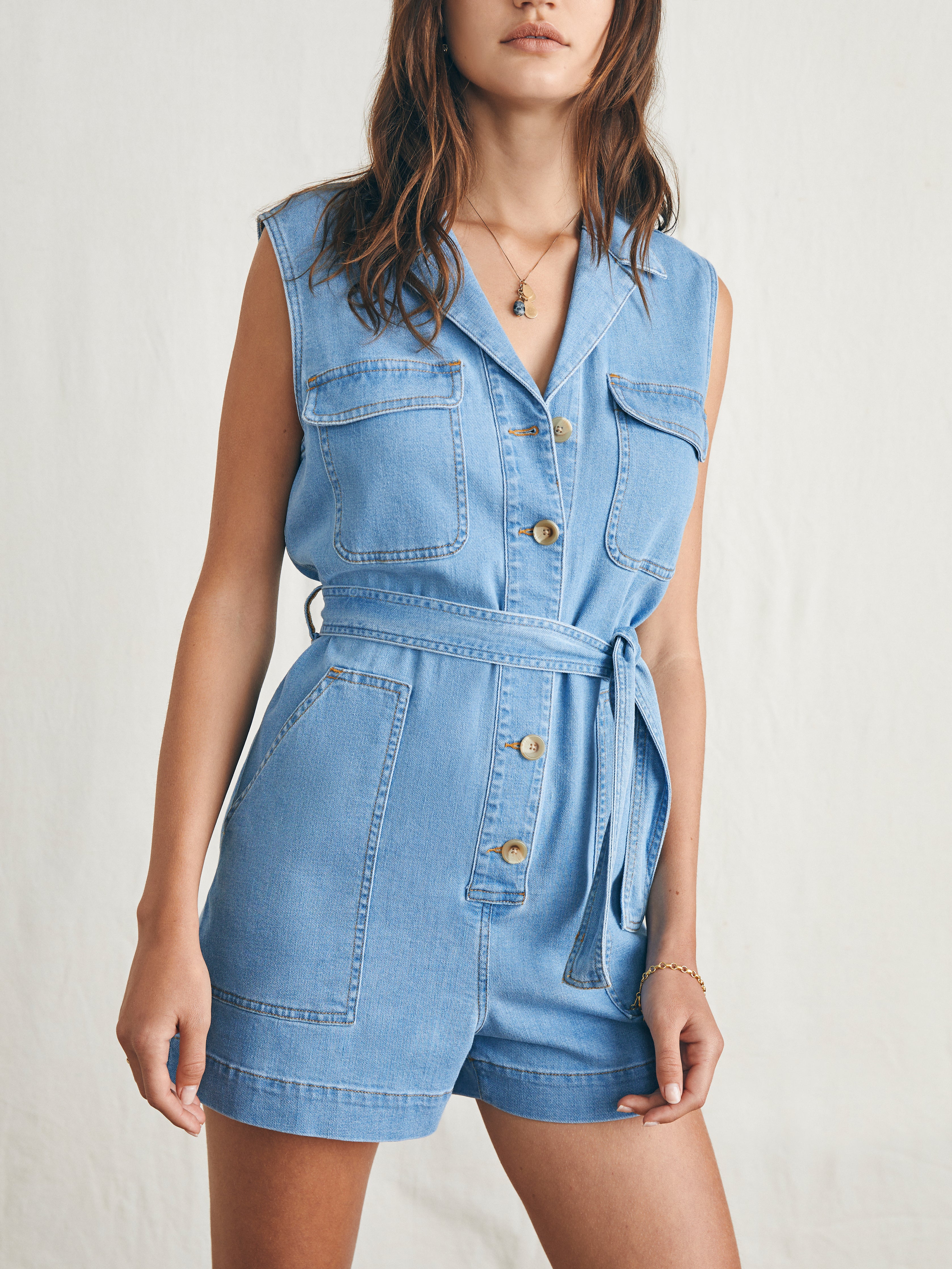 Linen Denim Romper - Sunlit Cove Wash