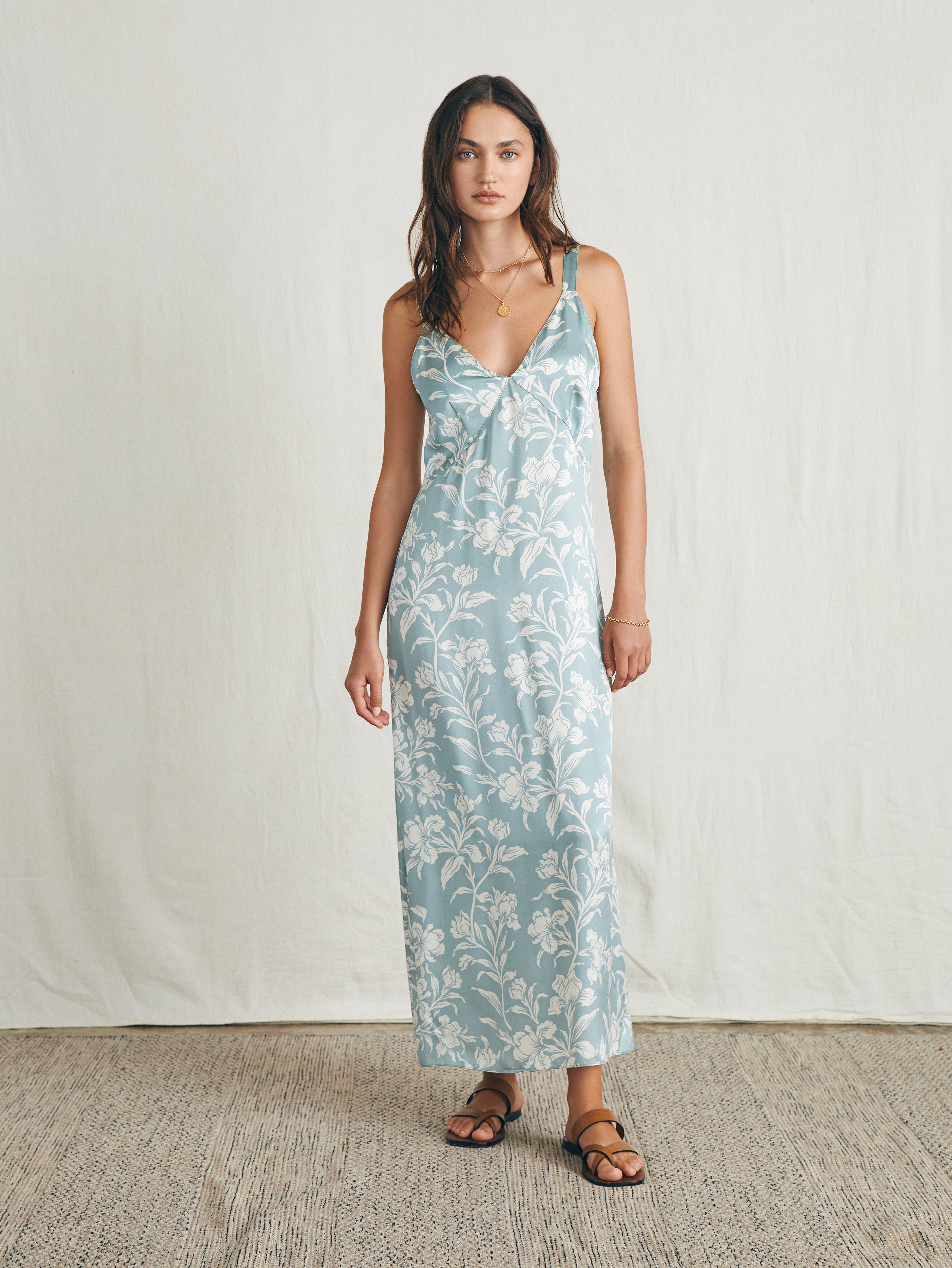 Sandwashed Silk Slip Dress - Silver Blue Chiyoda Floral