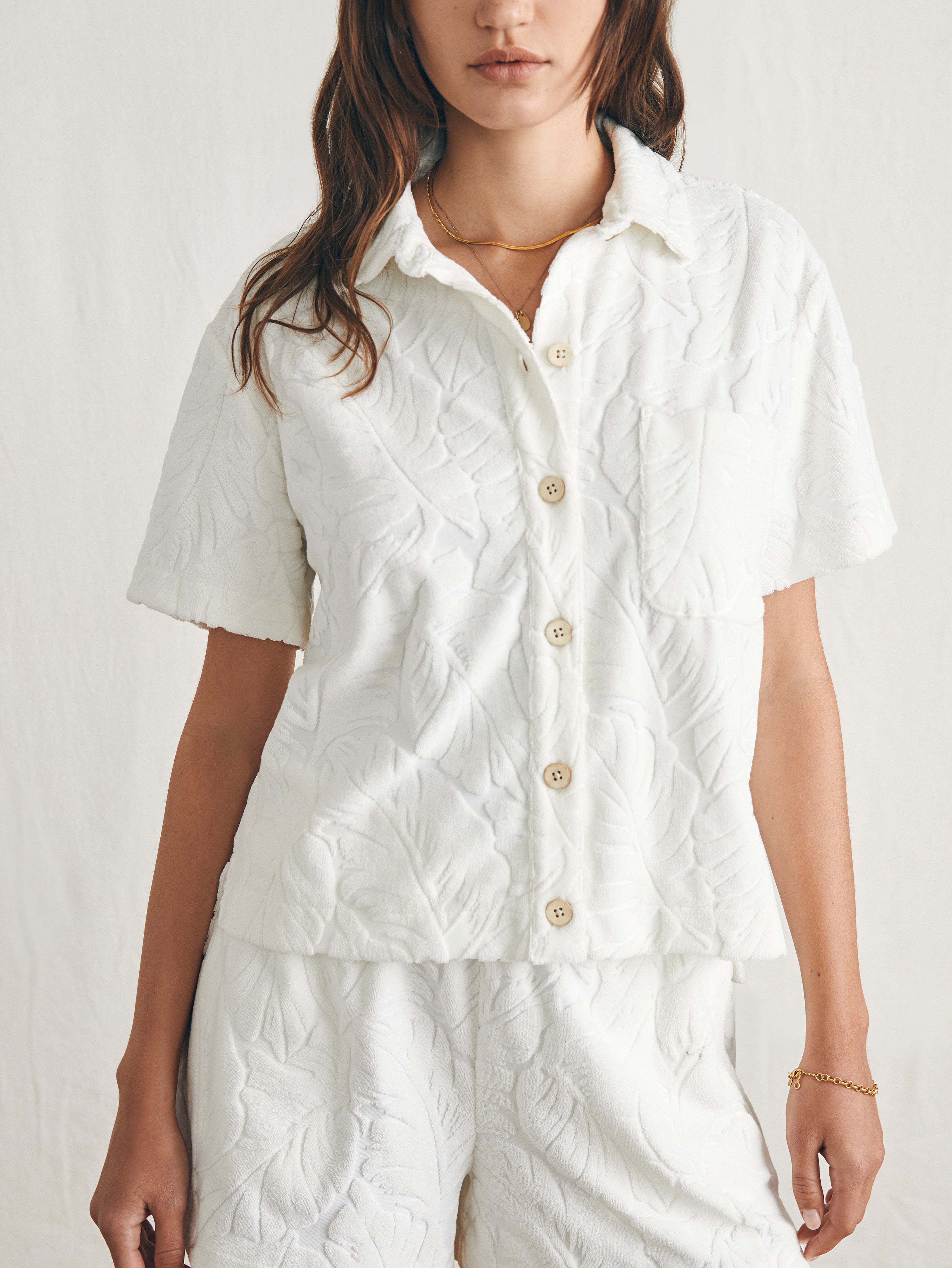 Cabana Towel Terry Short Sleeve Button Up - Tropic Fern Vintage White