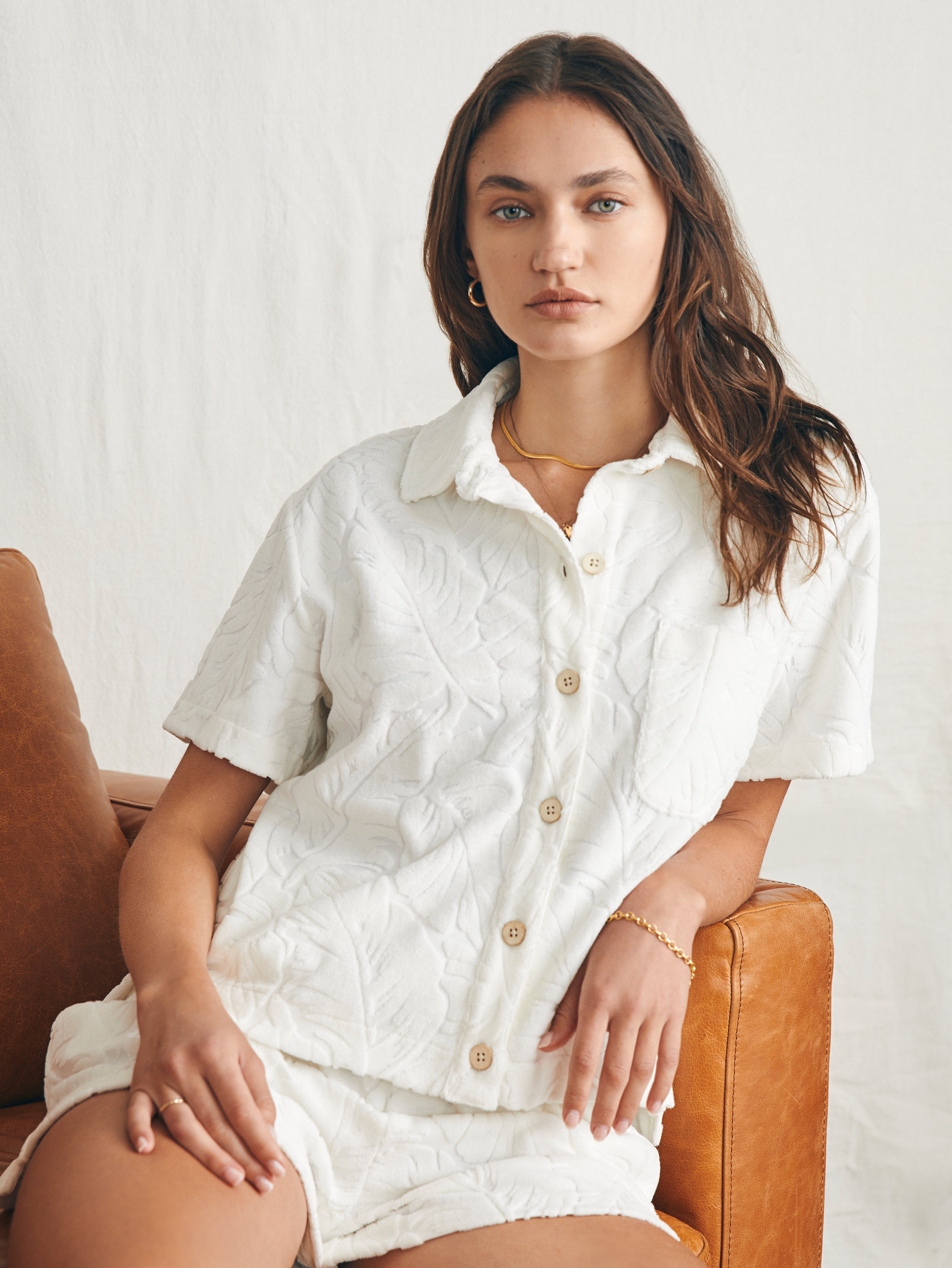 Cabana Towel Terry Short Sleeve Button Up - Tropic Fern Vintage White