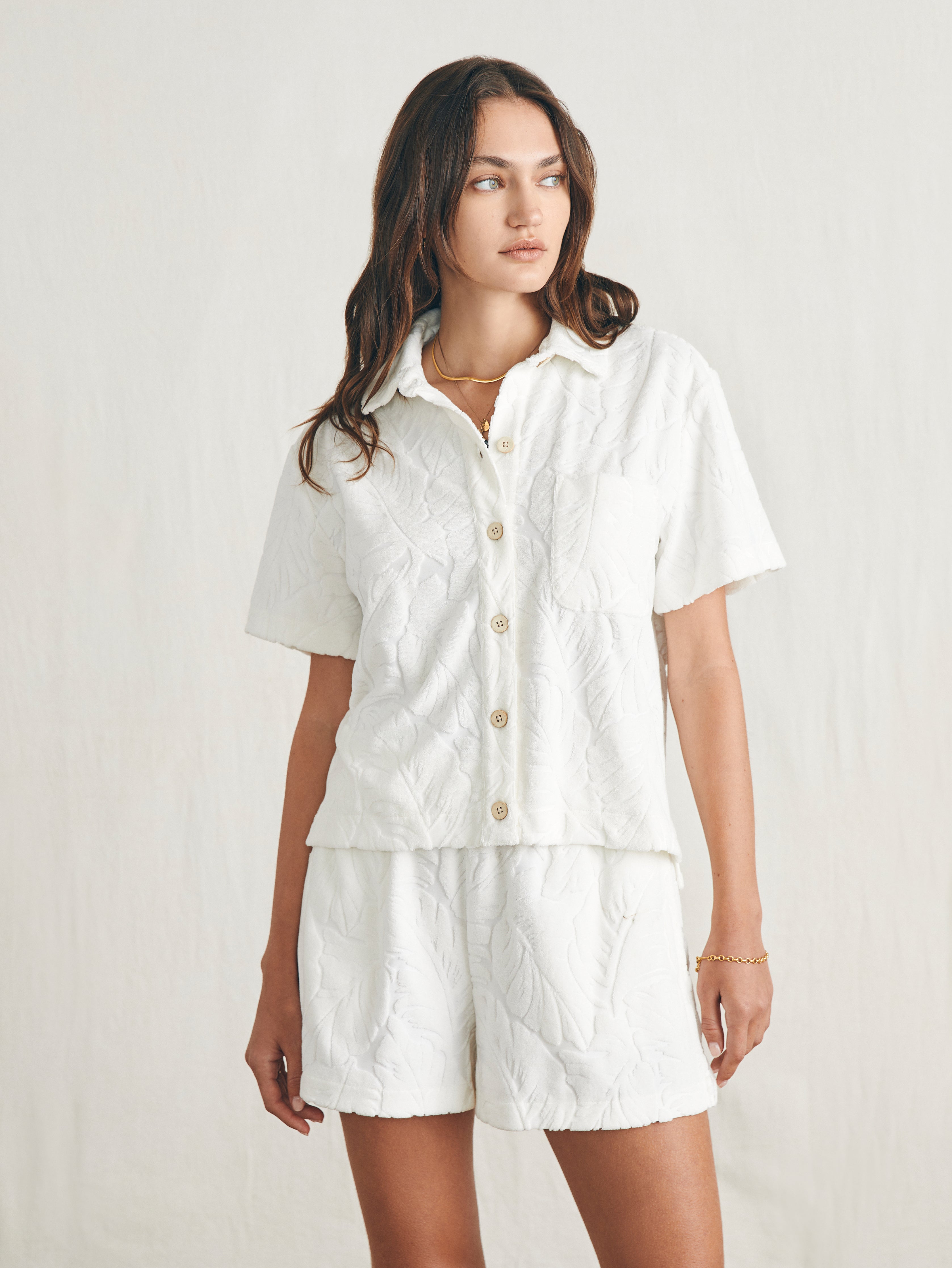 Cabana Towel Terry Short Sleeve Button Up - Tropic Fern Vintage White