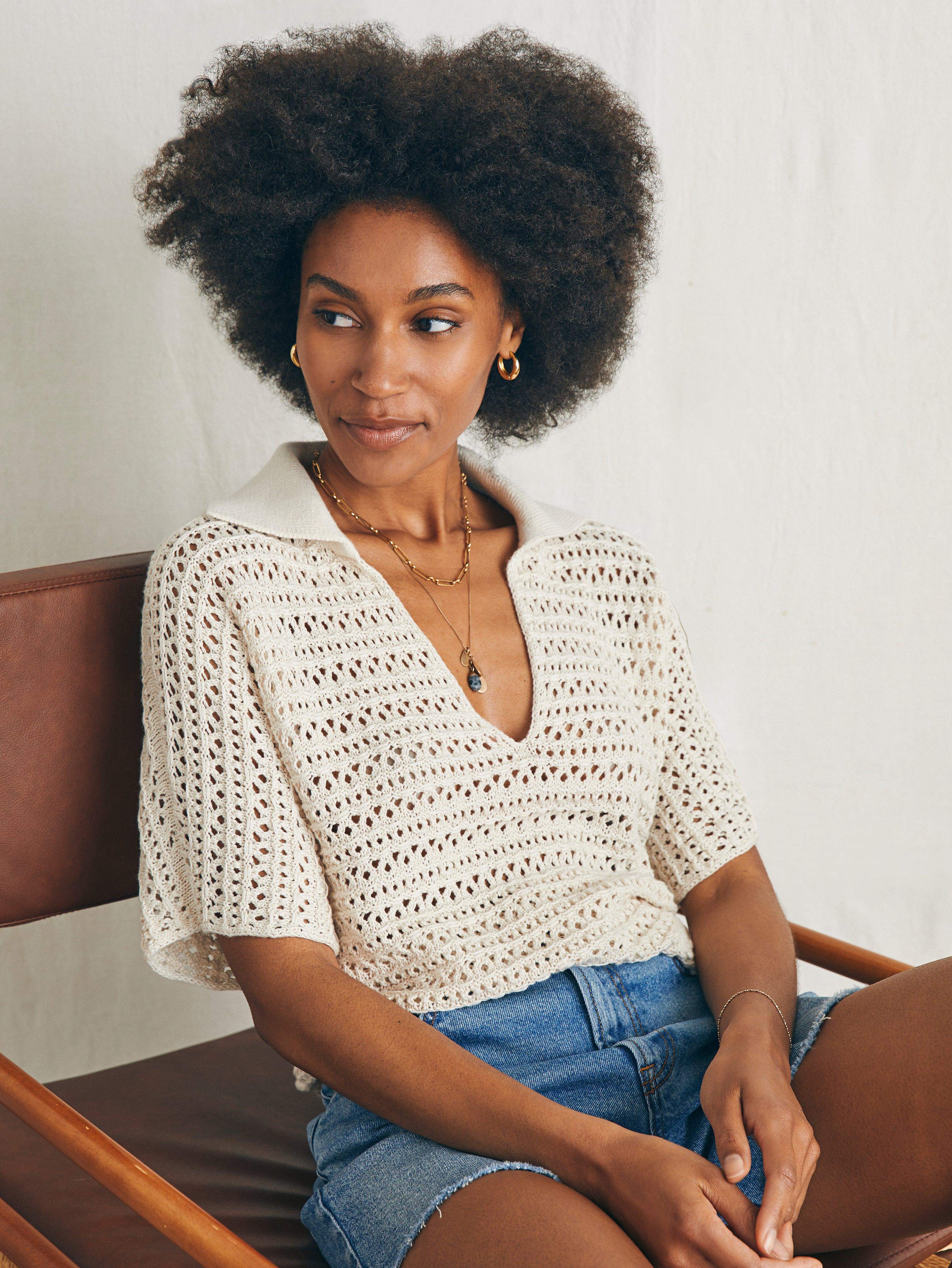 Nusa Crochet Polo Sweater - Birch