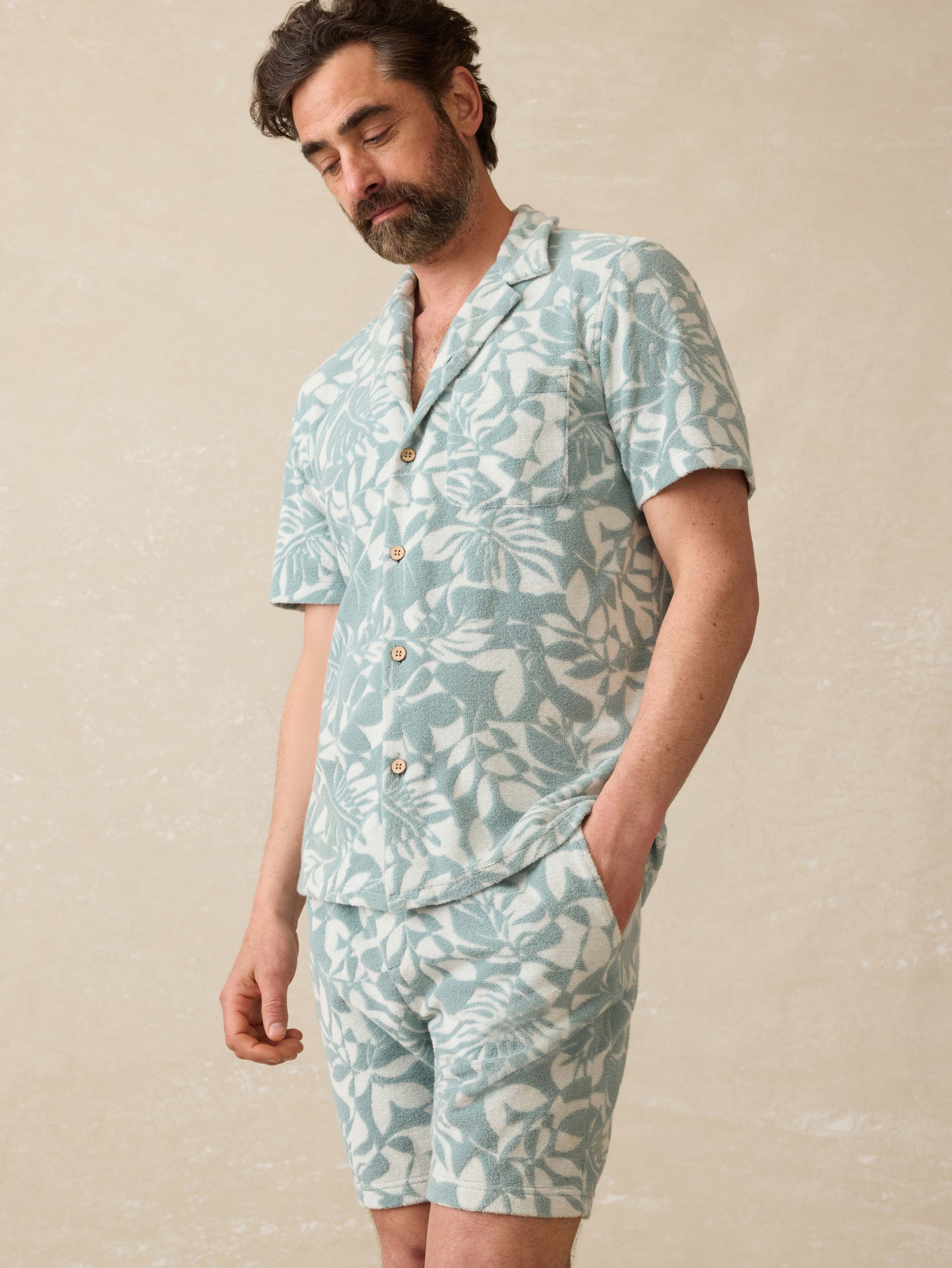 Cabana Towel Terry Sweatshort - Poolside Foliage Teal