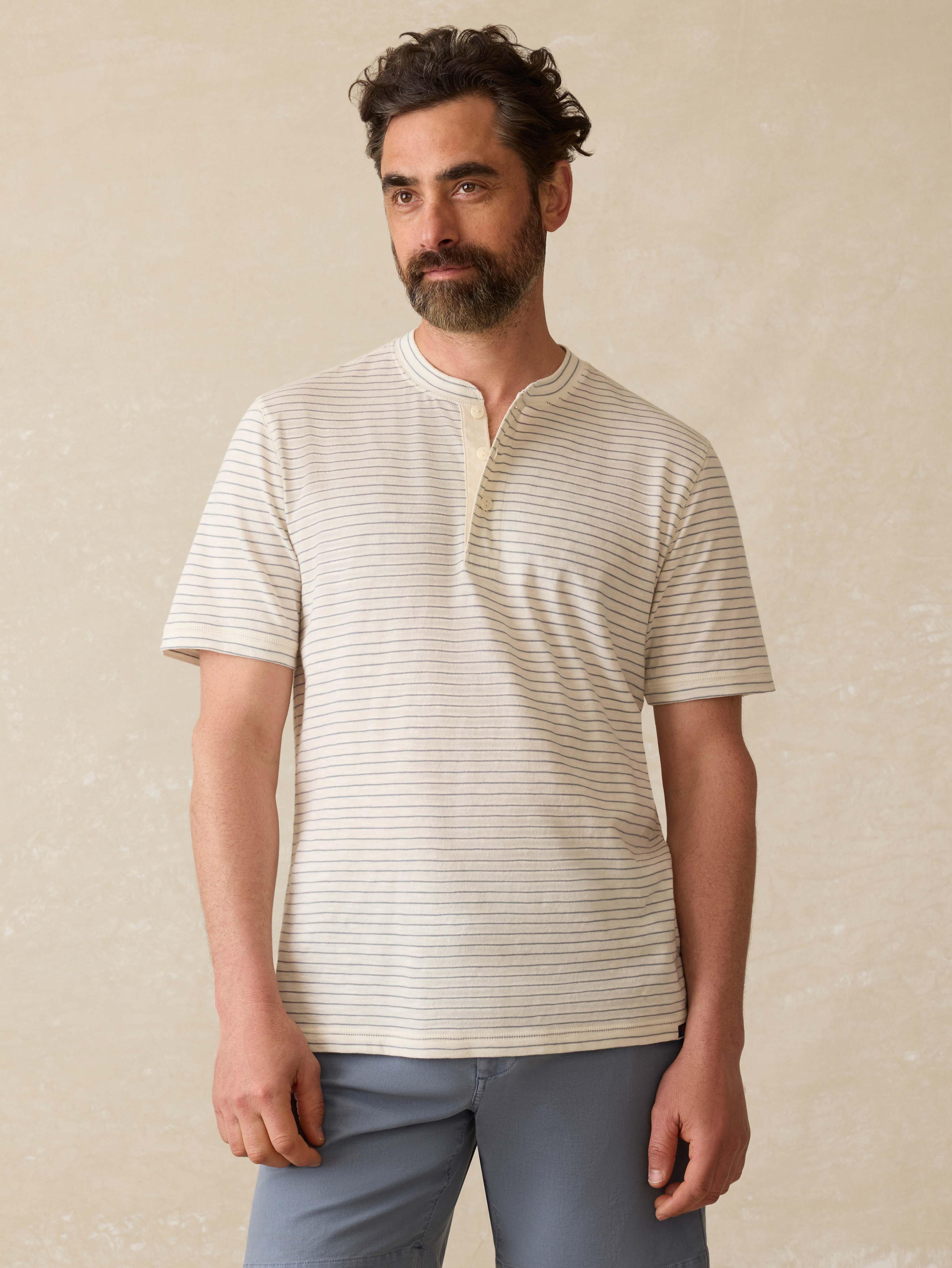 Short-Sleeve Sunwashed Henley - Cream Flint Stripe