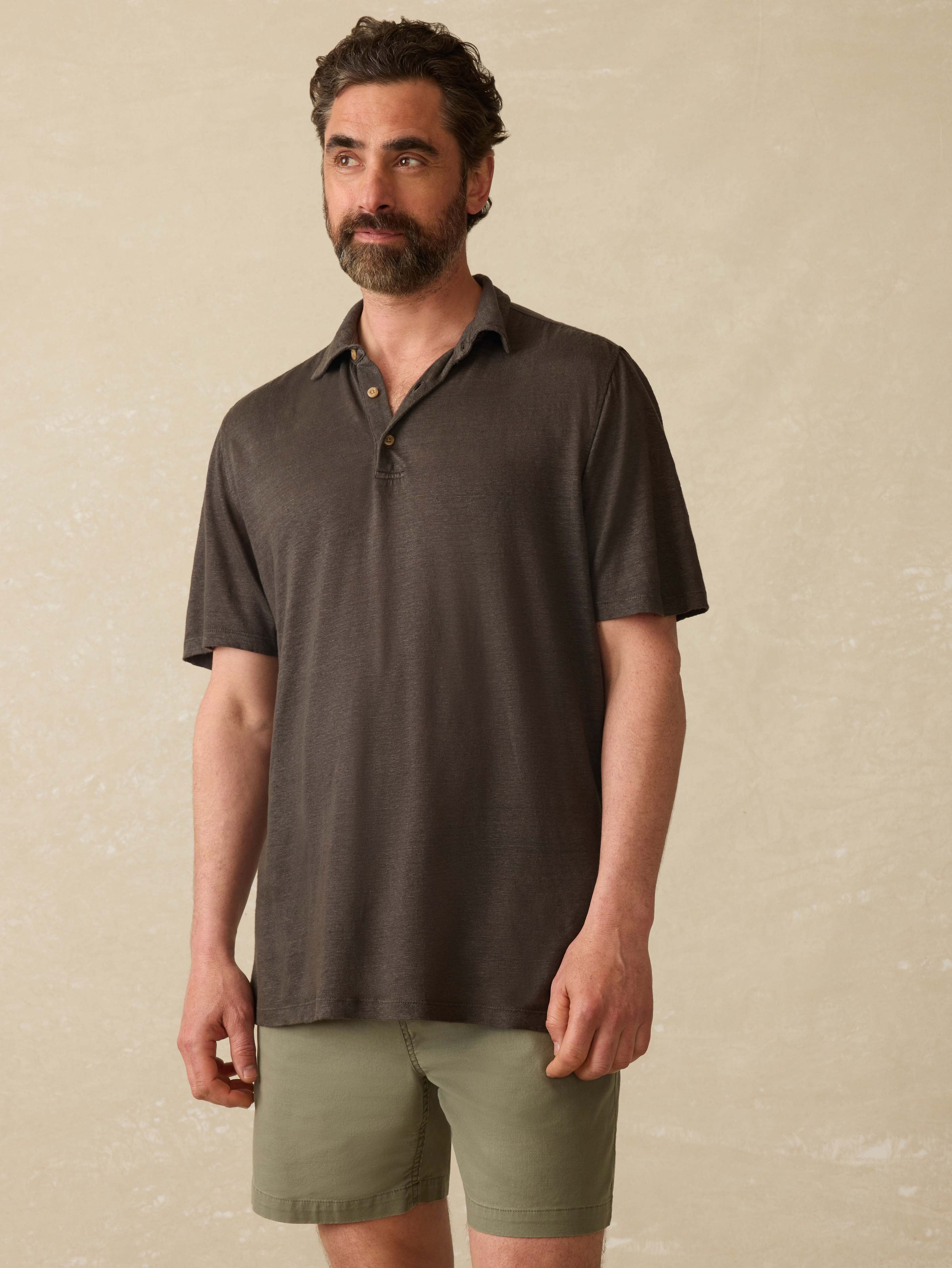 Short-Sleeve Linen Polo - Washed Black