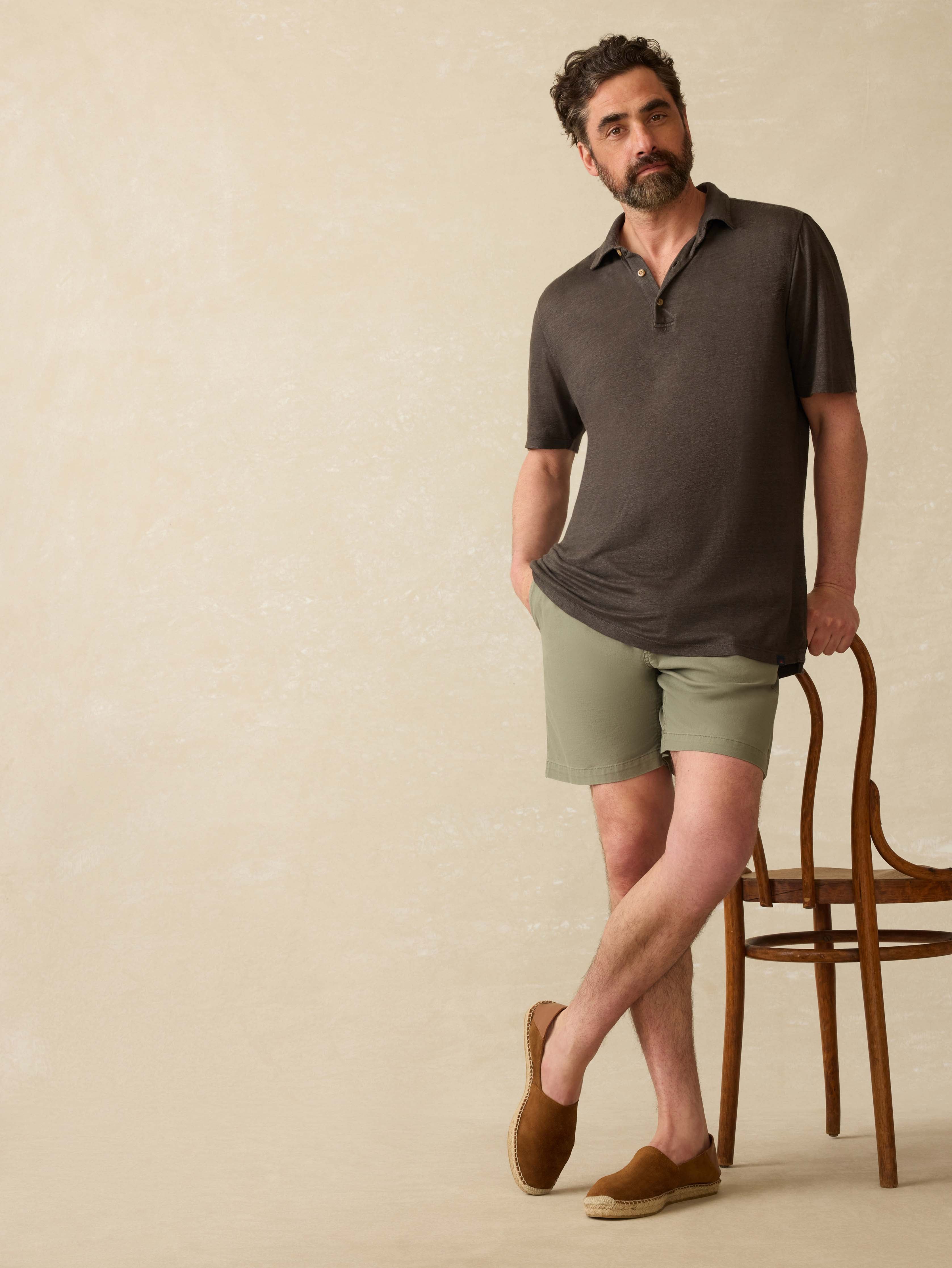 Short-Sleeve Linen Polo - Washed Black