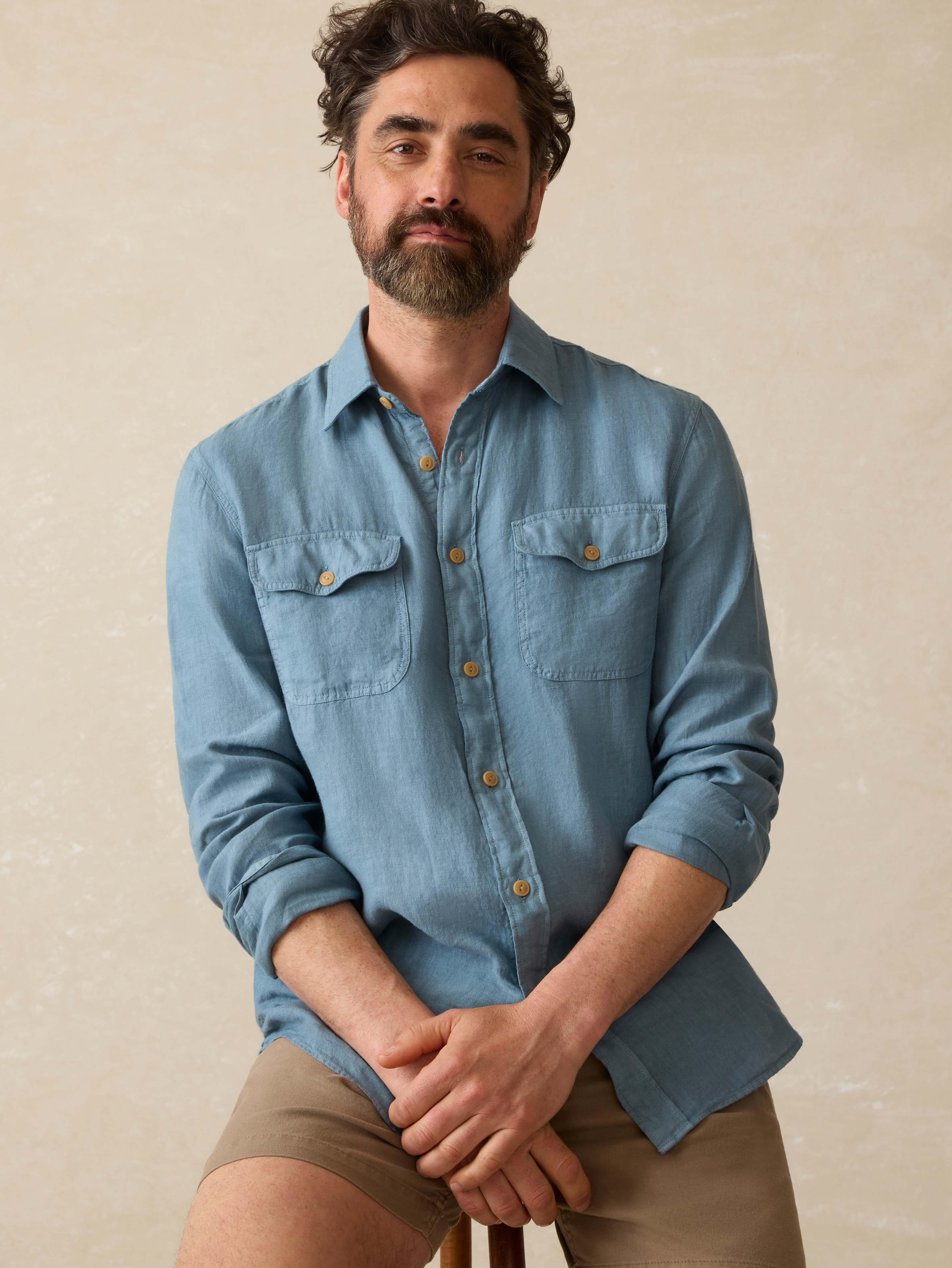 Irish Linen Safari Shirt - Deep Marine