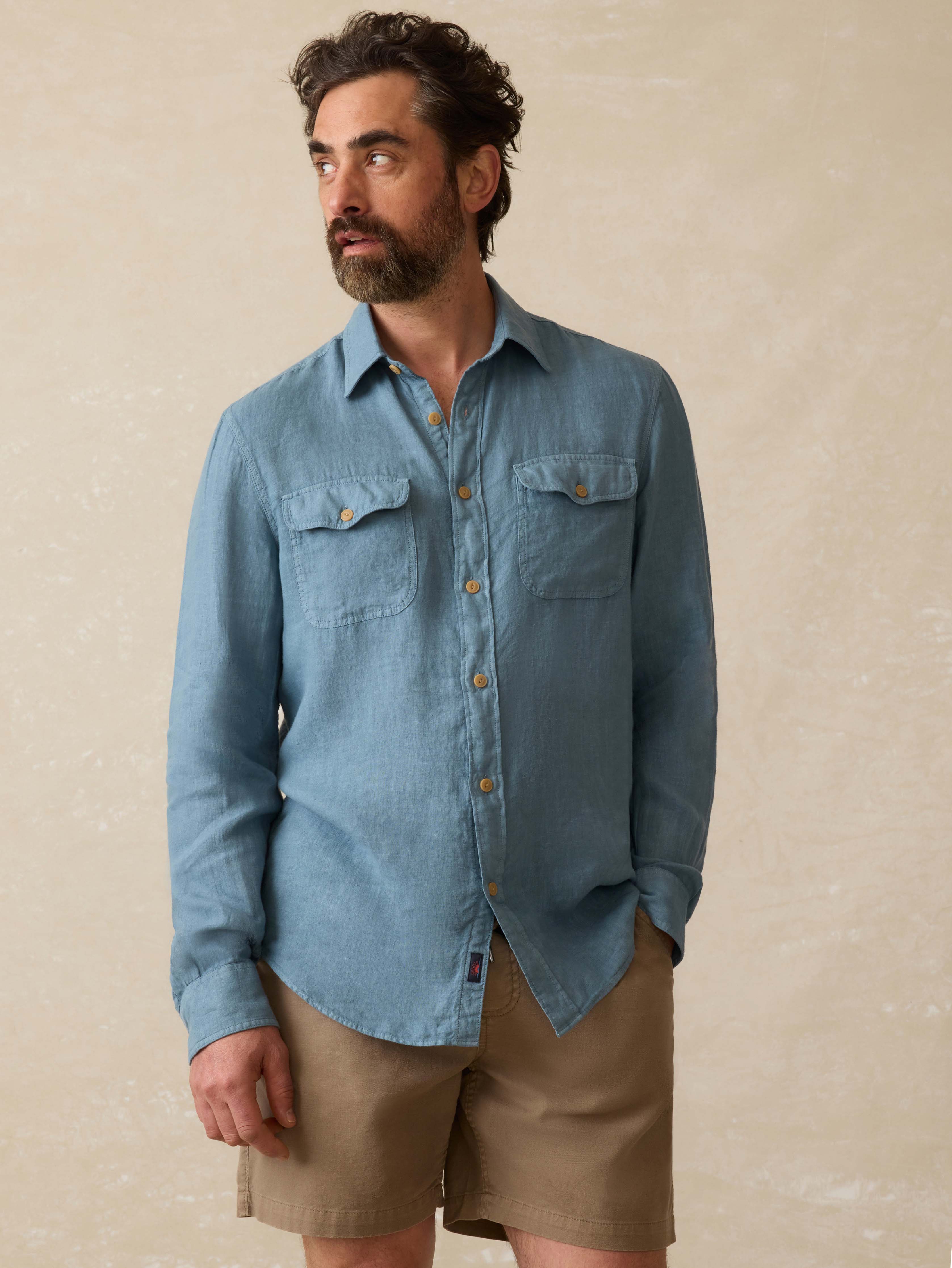 Irish Linen Safari Shirt - Deep Marine