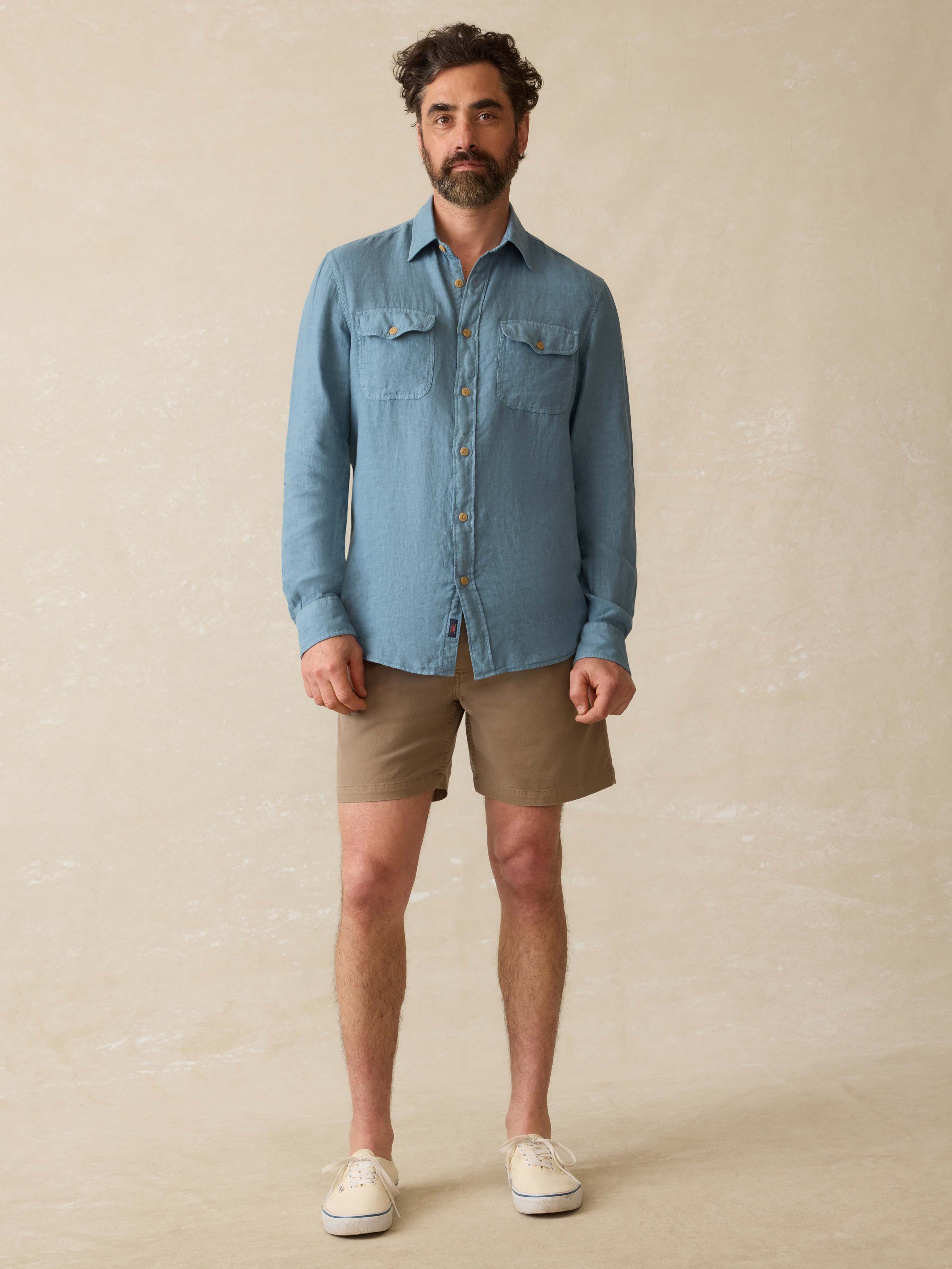 Irish Linen Safari Shirt - Deep Marine