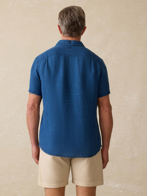 Faherty Mens SS Palma Linen Shirt in Blue Basketweave - FINAL SALE