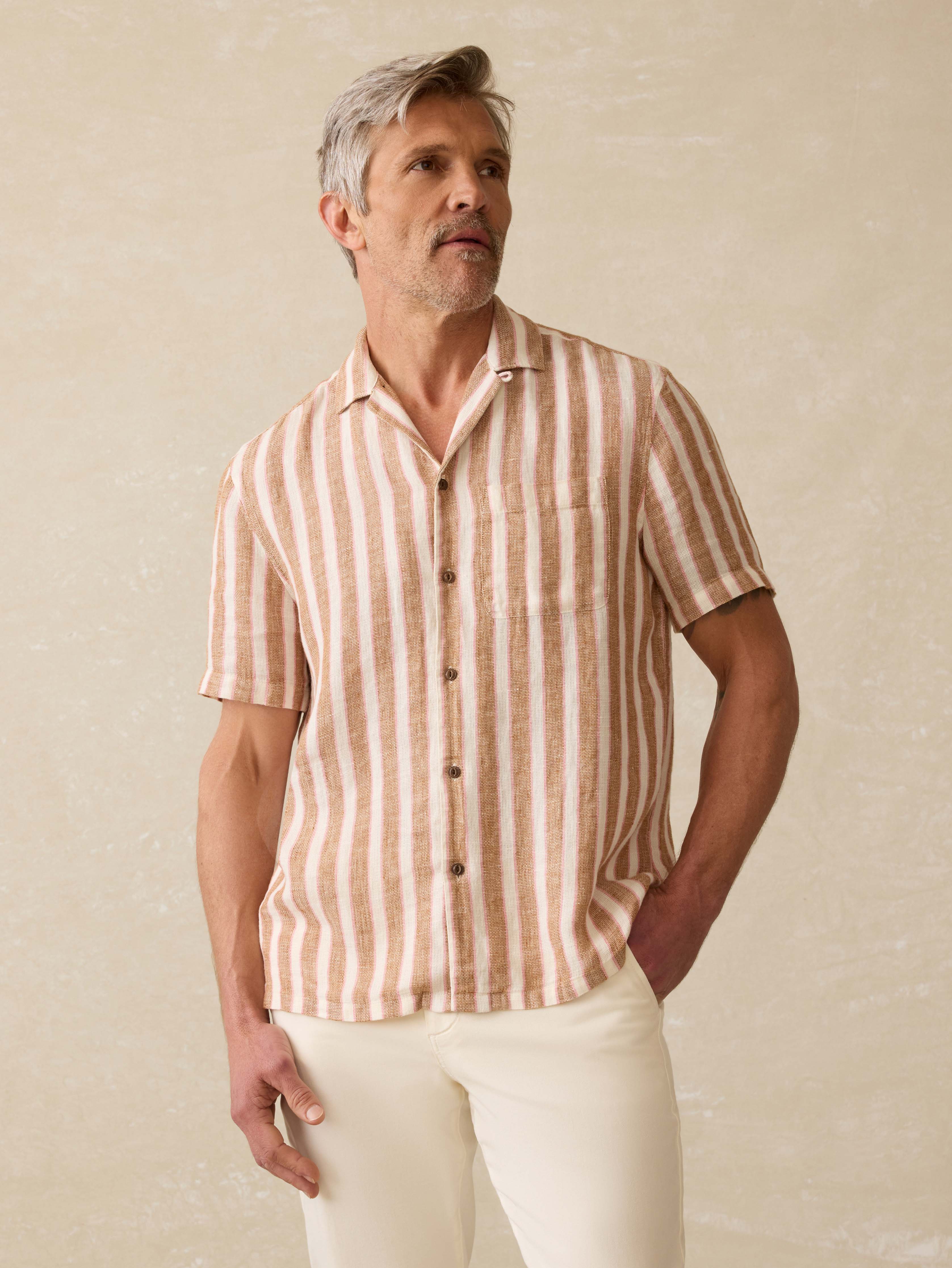 Short-Sleeve Palma Linen Camp Shirt - Sienna Valley Stripe