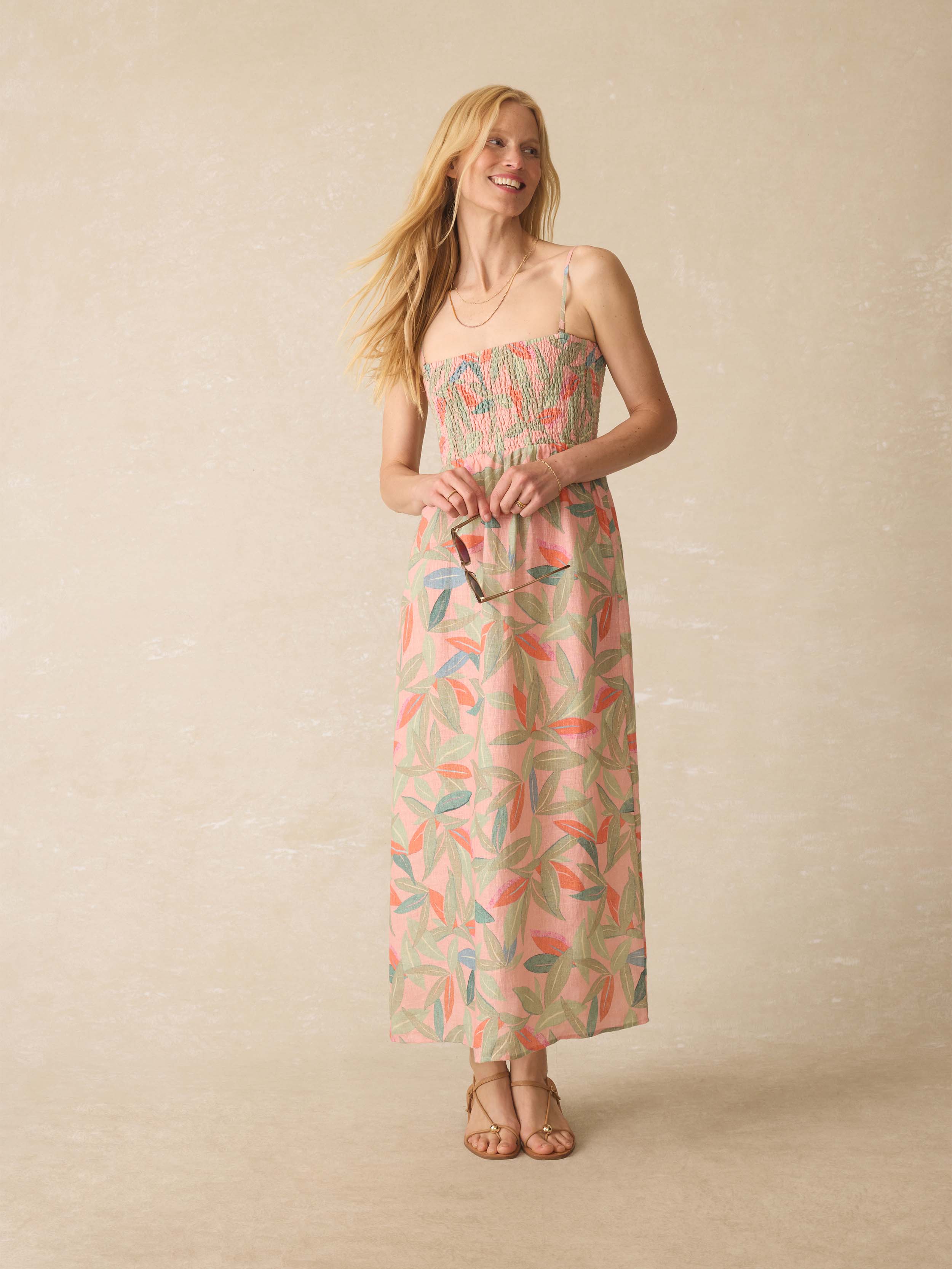 Sunrise Smocked Dress - Watercolor Palms