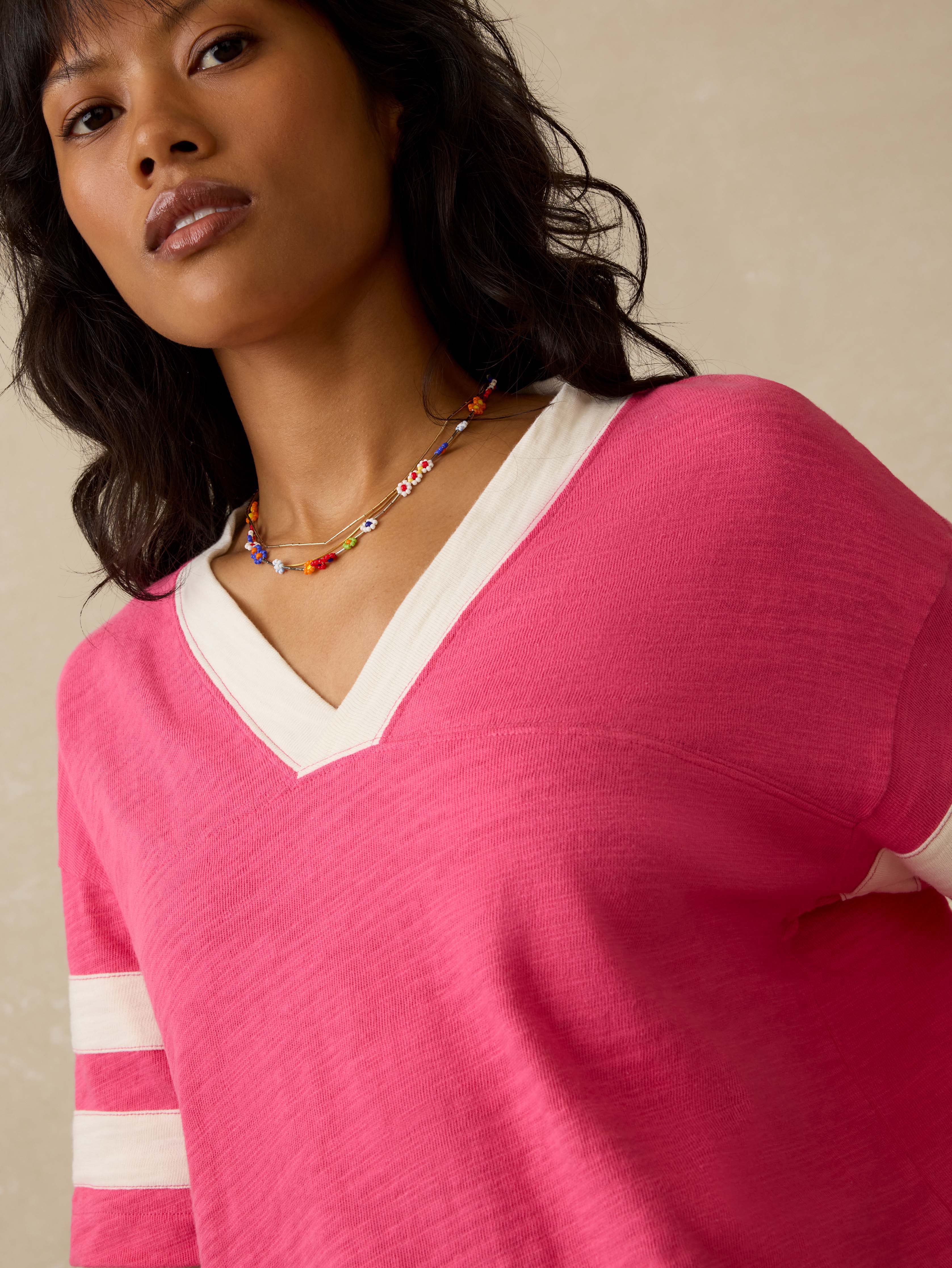 Organic Cotton Sunwashed Slub Varsity Tee - Hot Pink