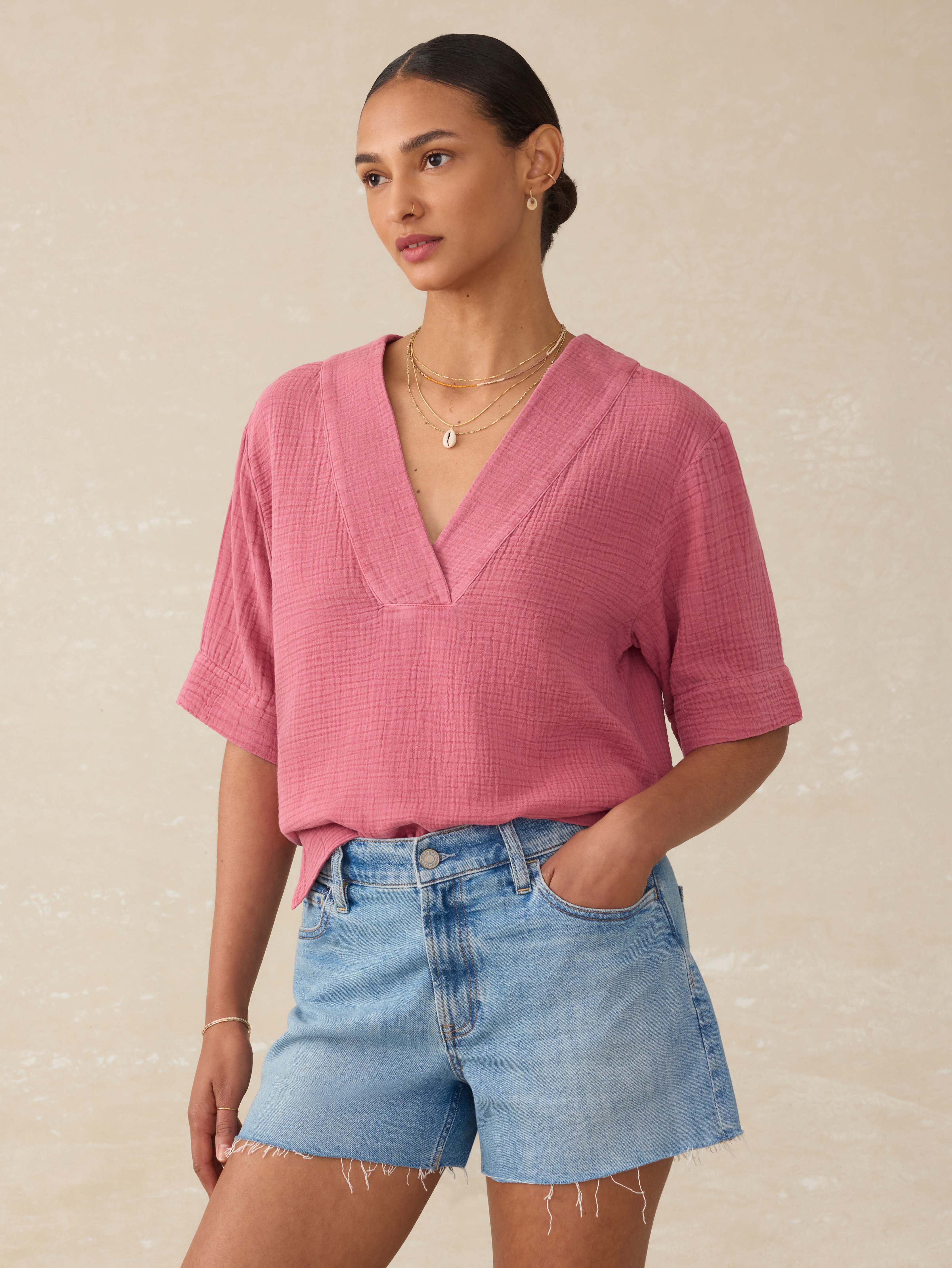 Dune Cotton Gauze Short Sleeve Popover - Heather Rose