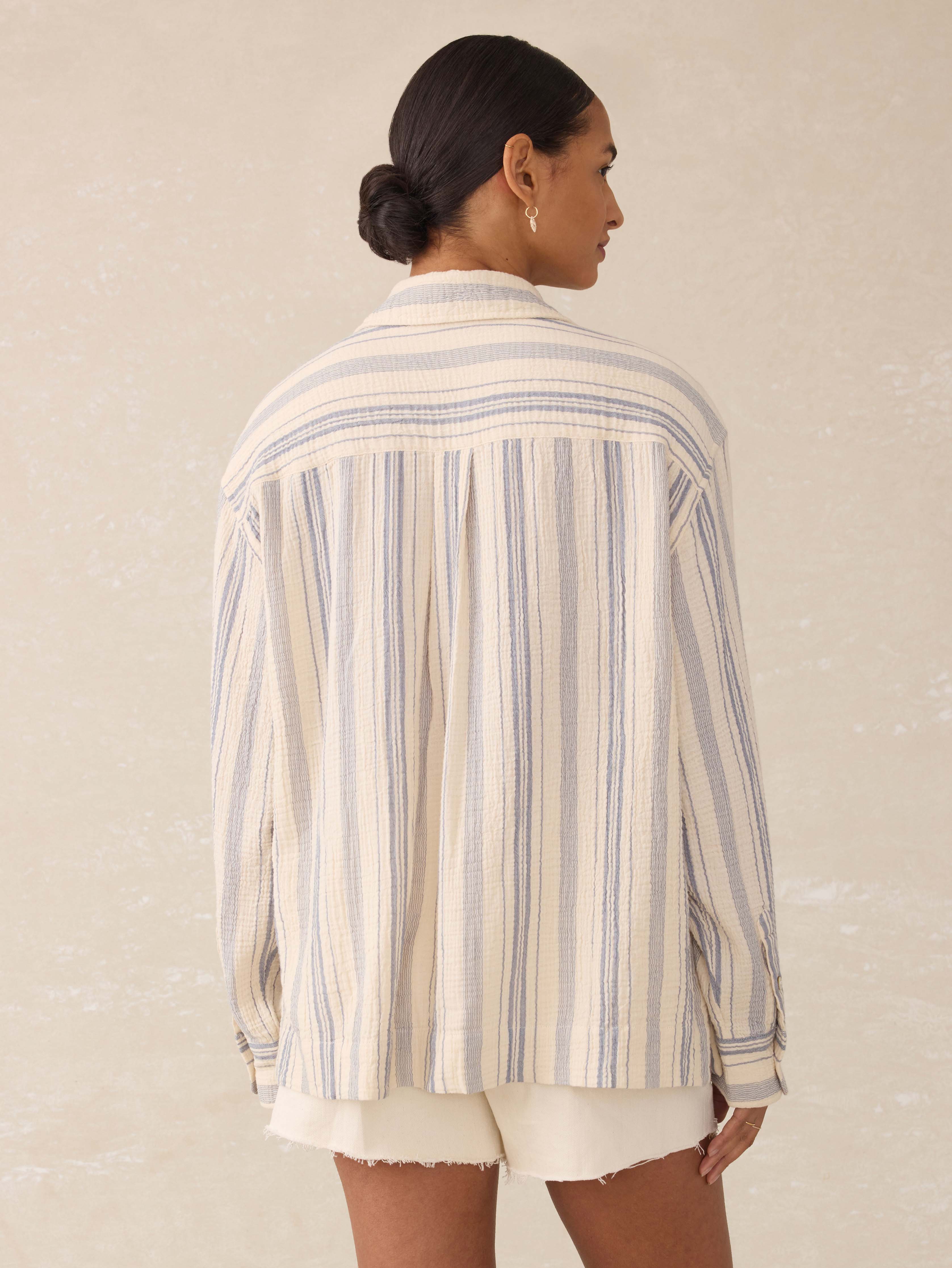 Dune Cotton Gauze Sail Away Top - Aqua Sea Stripe