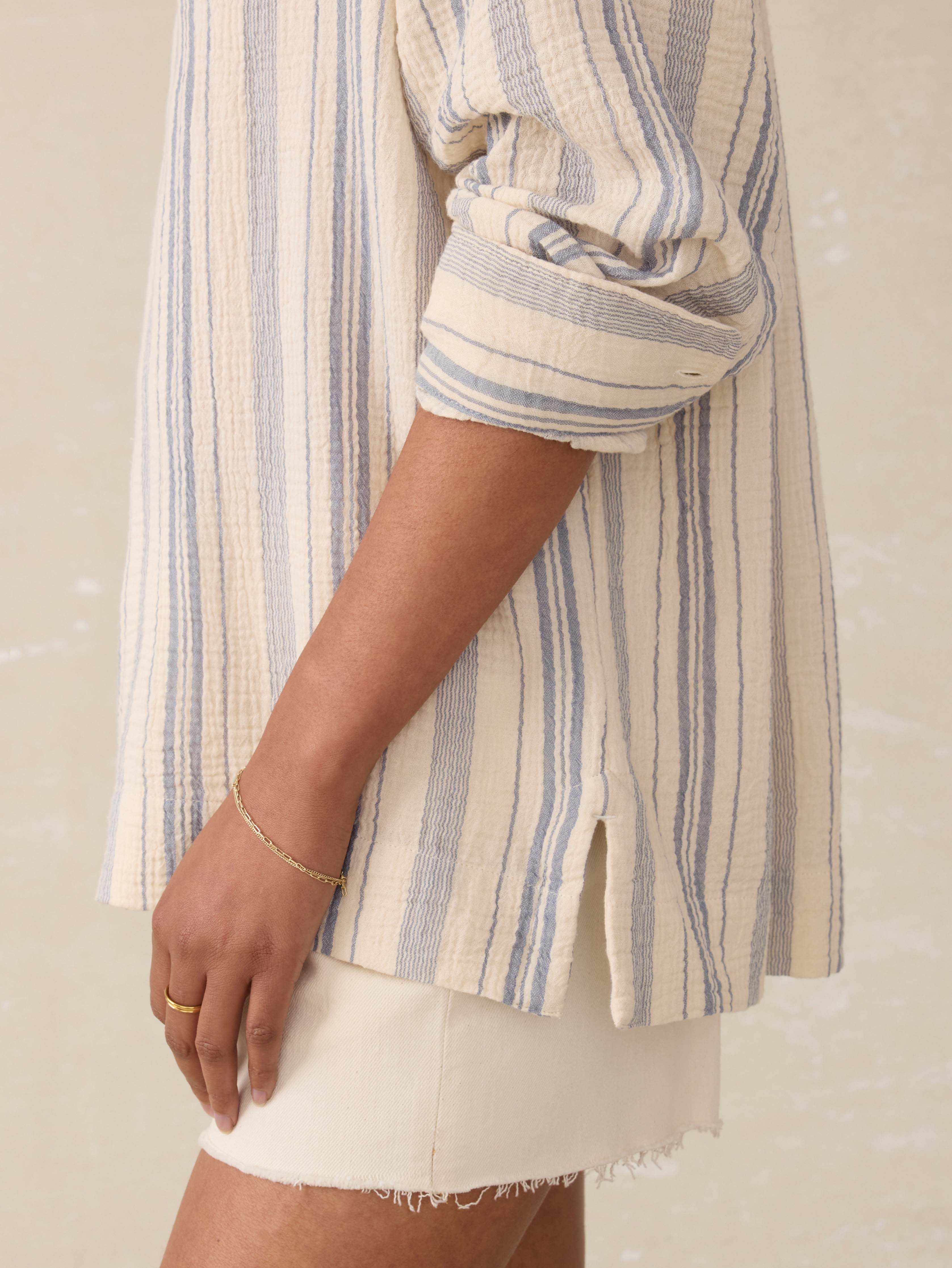 Dune Cotton Gauze Sail Away Top - Aqua Sea Stripe