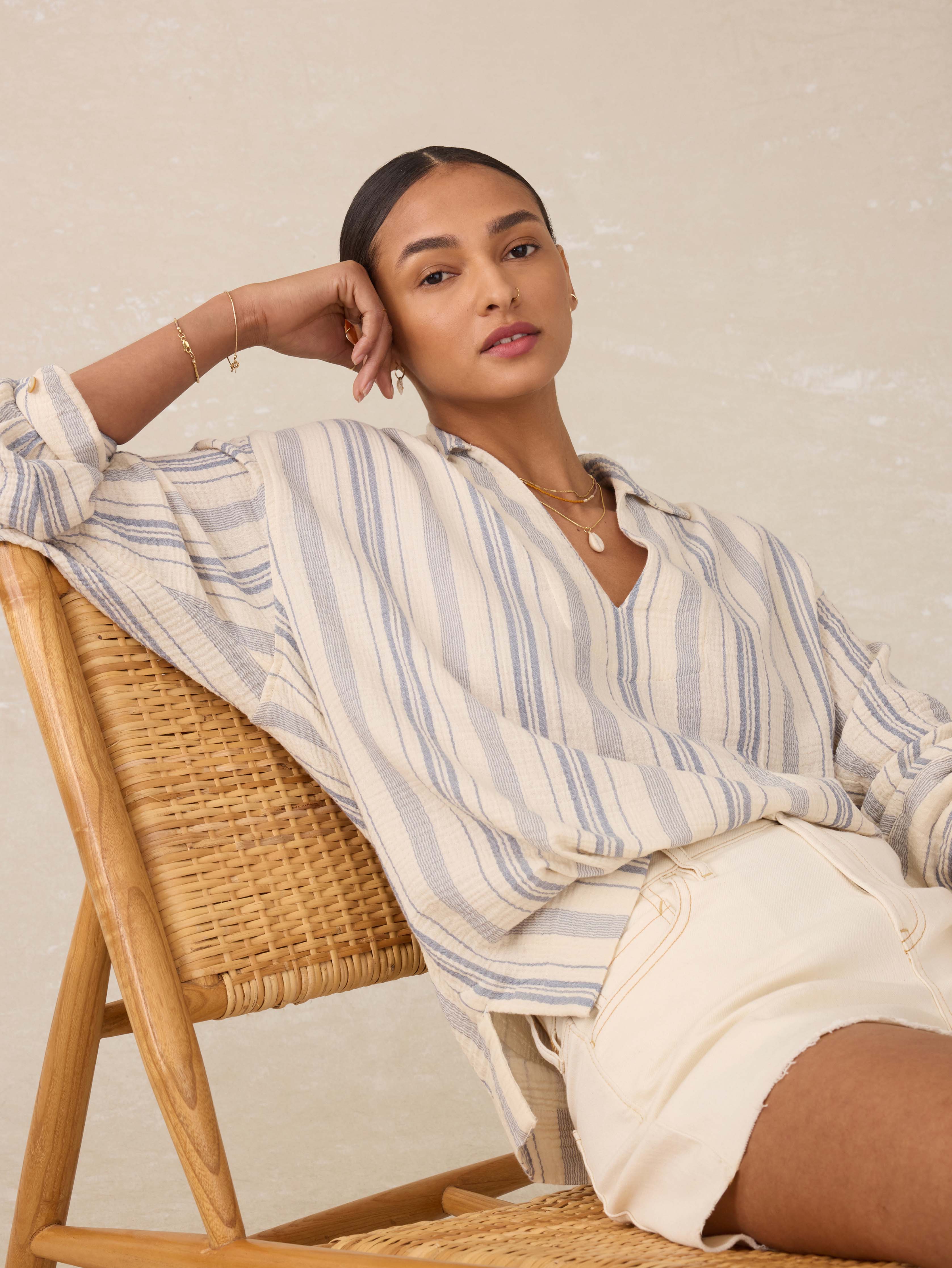 Dune Cotton Gauze Sail Away Top - Aqua Sea Stripe