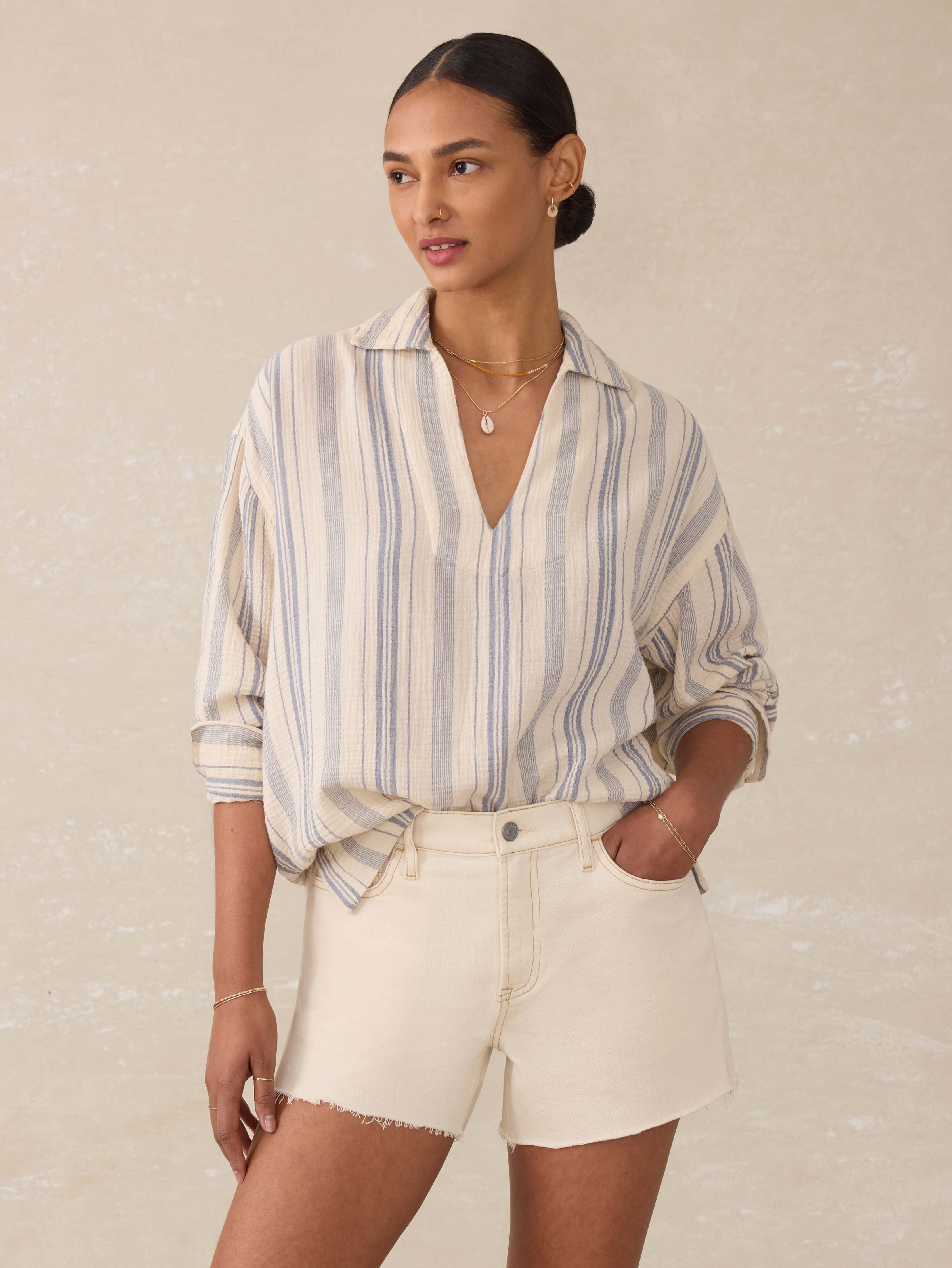 Dune Cotton Gauze Sail Away Top - Aqua Sea Stripe