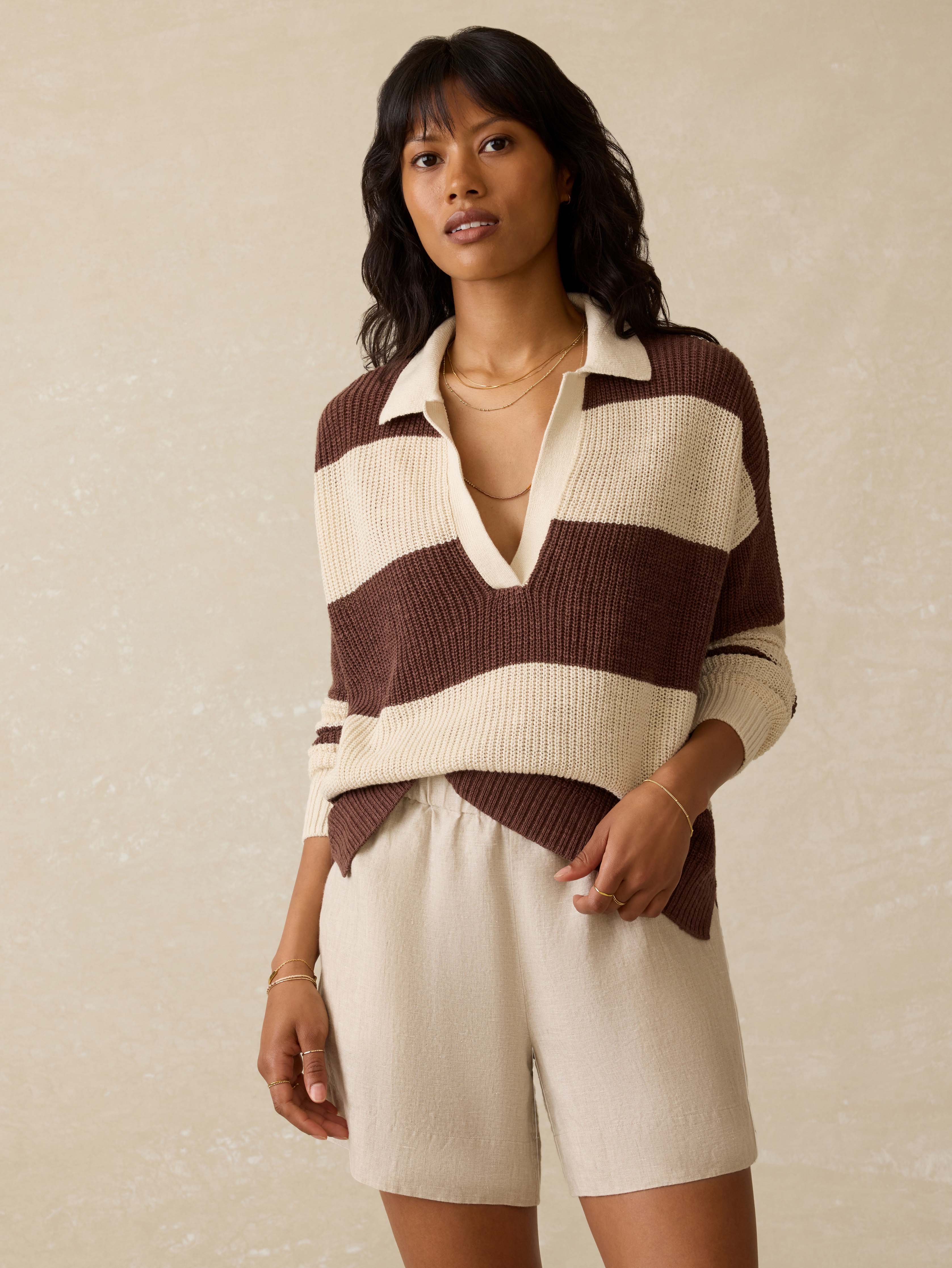 Miramar Linen Polo Sweater - Cocoa Rugby Stripe