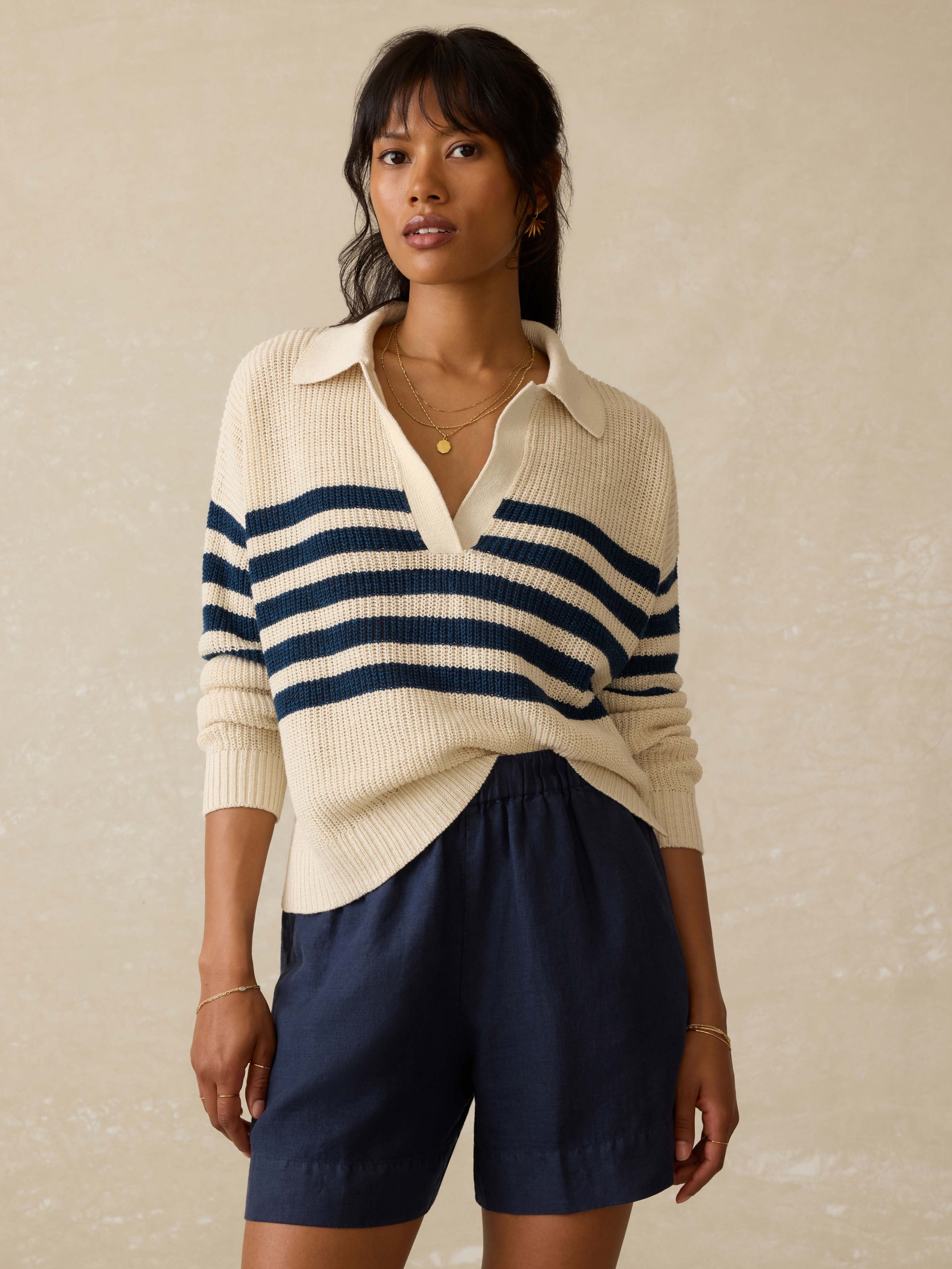 Miramar Linen Polo Sweater - Ocean Ties Stripe