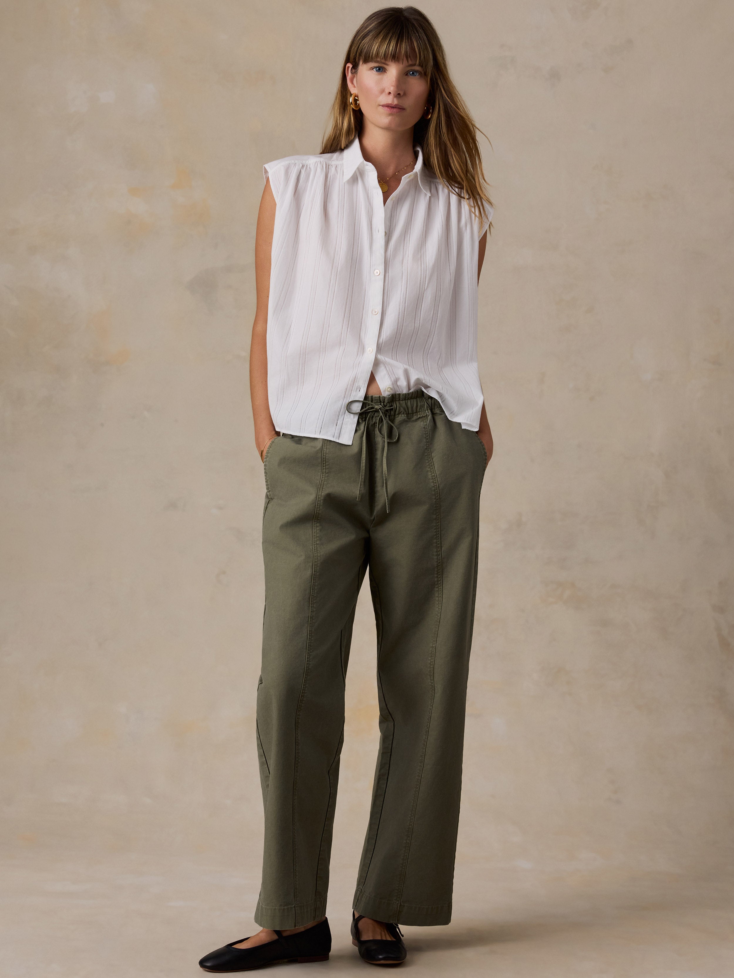 Cotton Twill Drawstring Pant - Olive