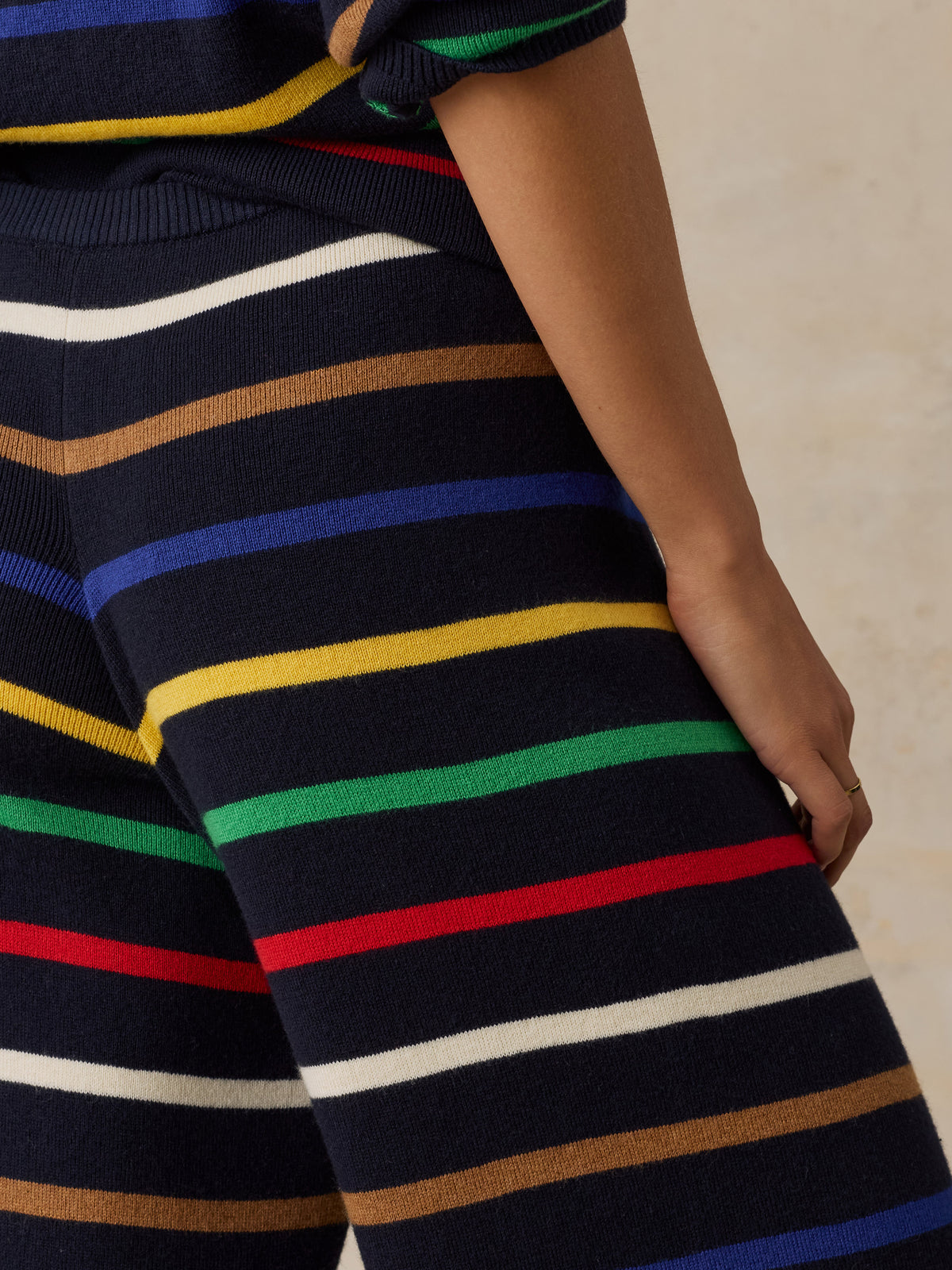Close up of a woman viewed from behind wearing a striped set, image 6 of 6