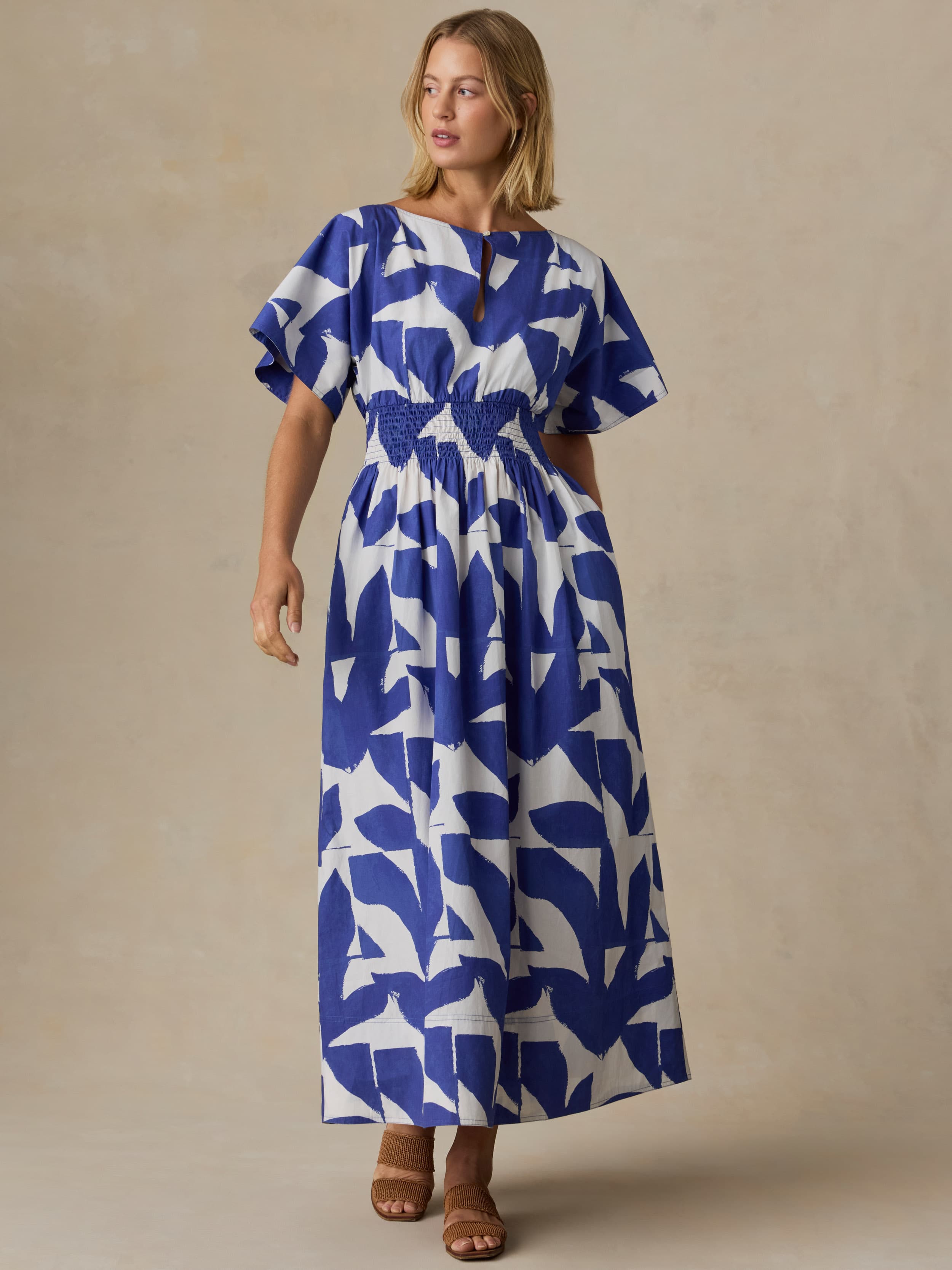 cotton poplin summer dresses Royal Blue Cotton Poplin V-Neck Gathered Midi Wrap Dress 68" / Custom Height (Free)