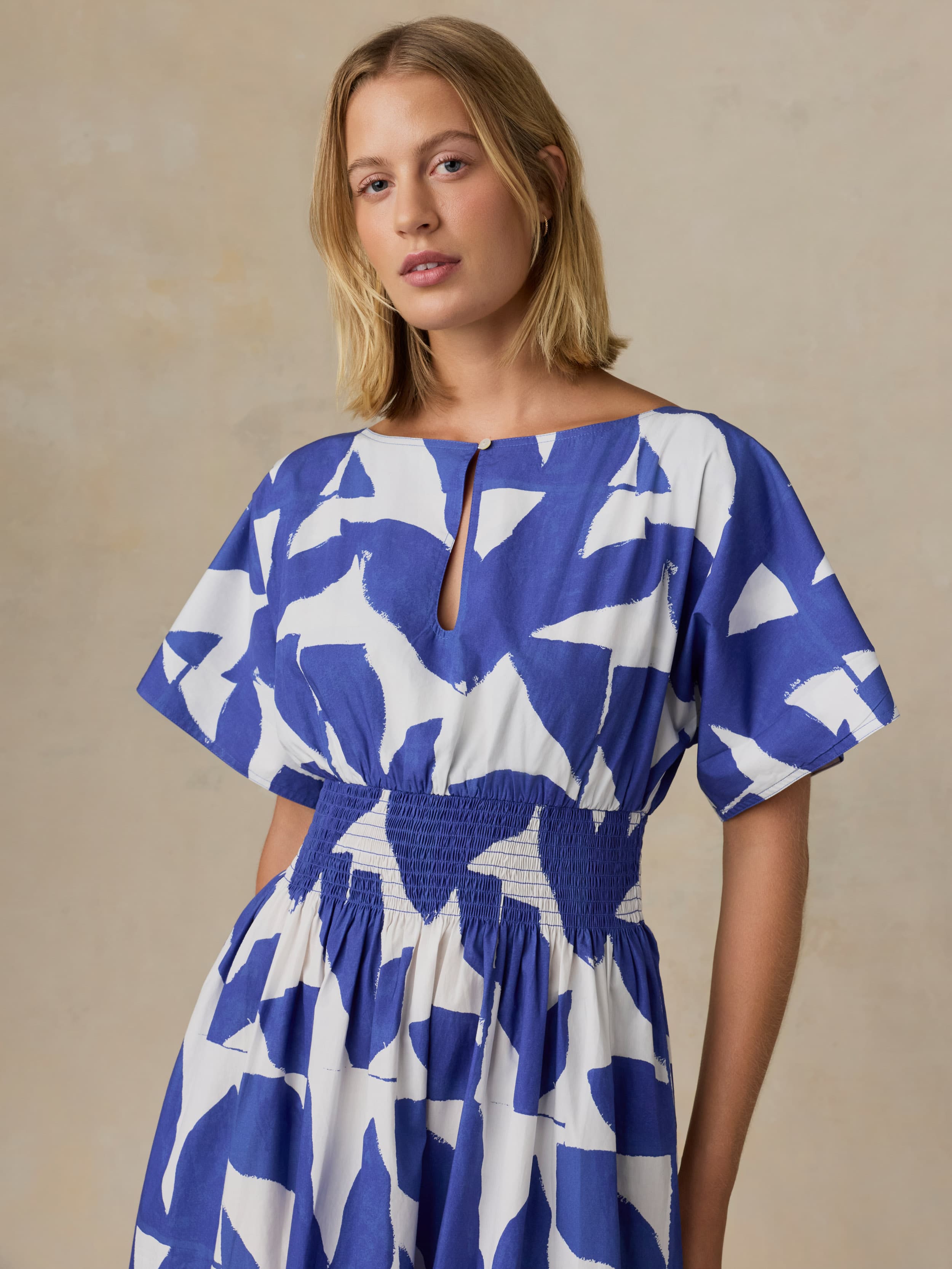 lightweight summer dress Faherty Women's Coastal Poplin Elia Smocked Dress