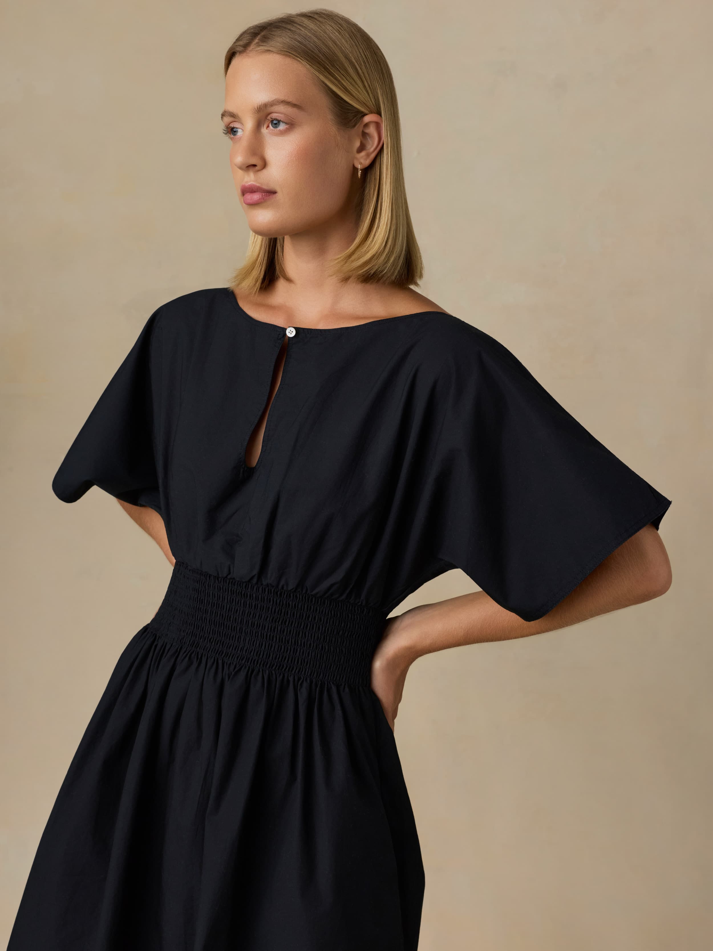 Faherty Women's Coastal Poplin Elia Mini Smocked Dress - Black, Size XXS, Cotton Faherty Women's Coastal Poplin Elia Mini Smocked Dress - Black, Size XXS, Cotton