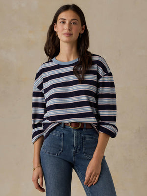 Sunwashed Long-Sleeve Retro Tee - Moonlit Tidal Stripe