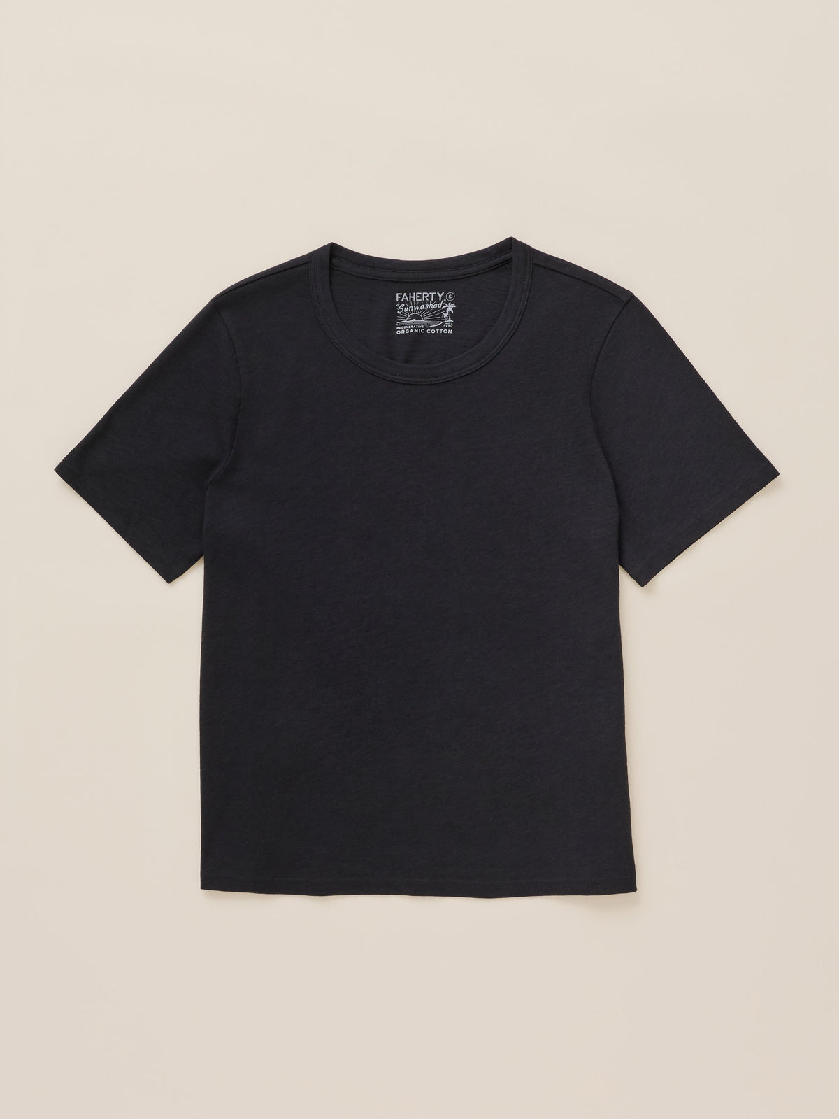 Black crewneck t-shirt against a beige background, image 6 of 7