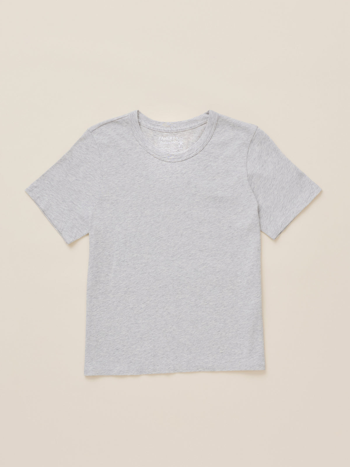 Light grey crewneck t-shirt against a beige background, image 6 of 7