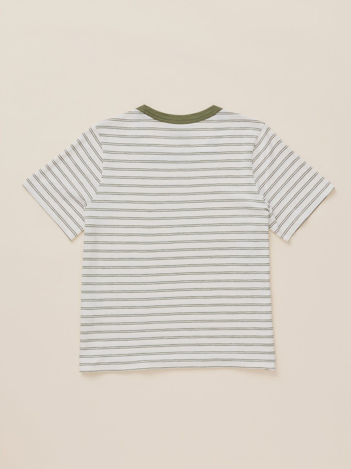 A short-sleeve striped t-shirt shown from the back, featuring thin horizontal stripes in olive green and off-white, with a solid olive green crew neck collar, laid flat on a light beige background., image 7 of 7