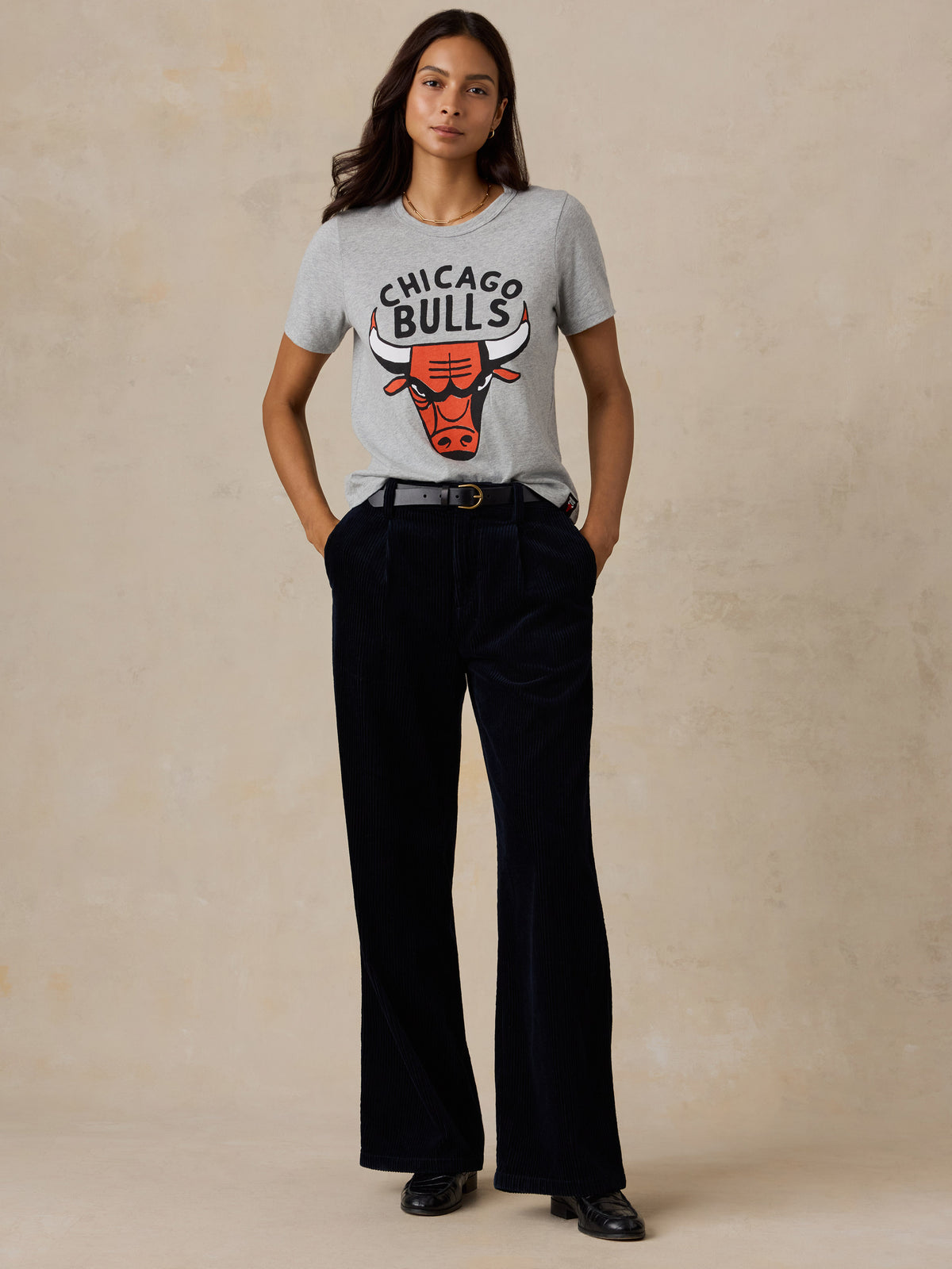 A woman wearing a grey Chicago Bulls tee , image 5 of 6