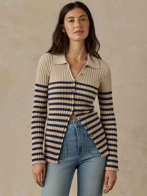 Sunwashed Cotton Ribbed Cardigan - Salted Navy Stripe