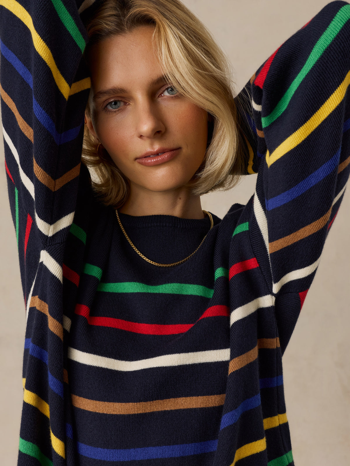 Close up of a woman wearing a colorful striped sweater, image 5 of 5