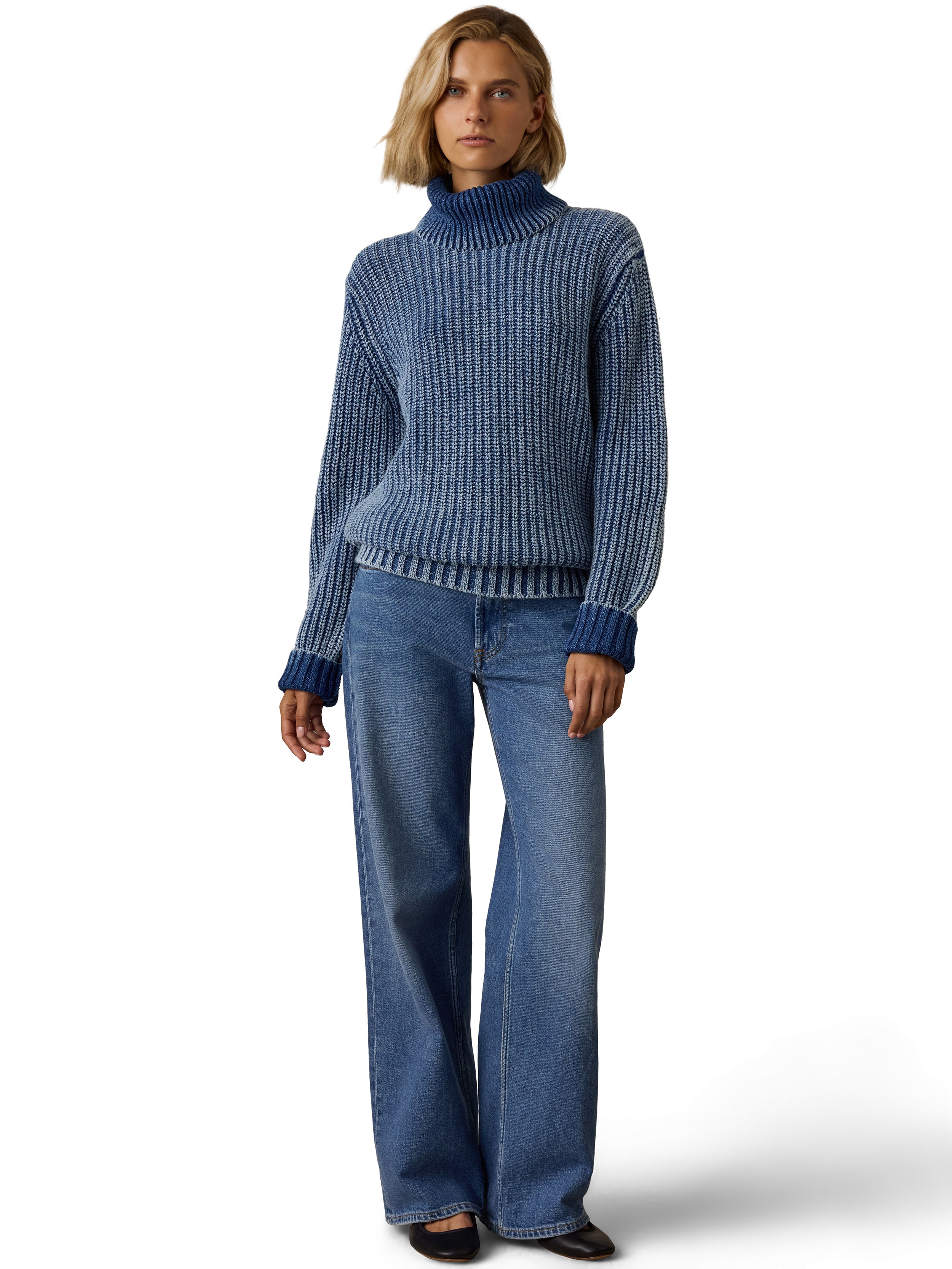 Sunwashed Cotton Oversized Turtleneck Sweater - Windcliff Indigo