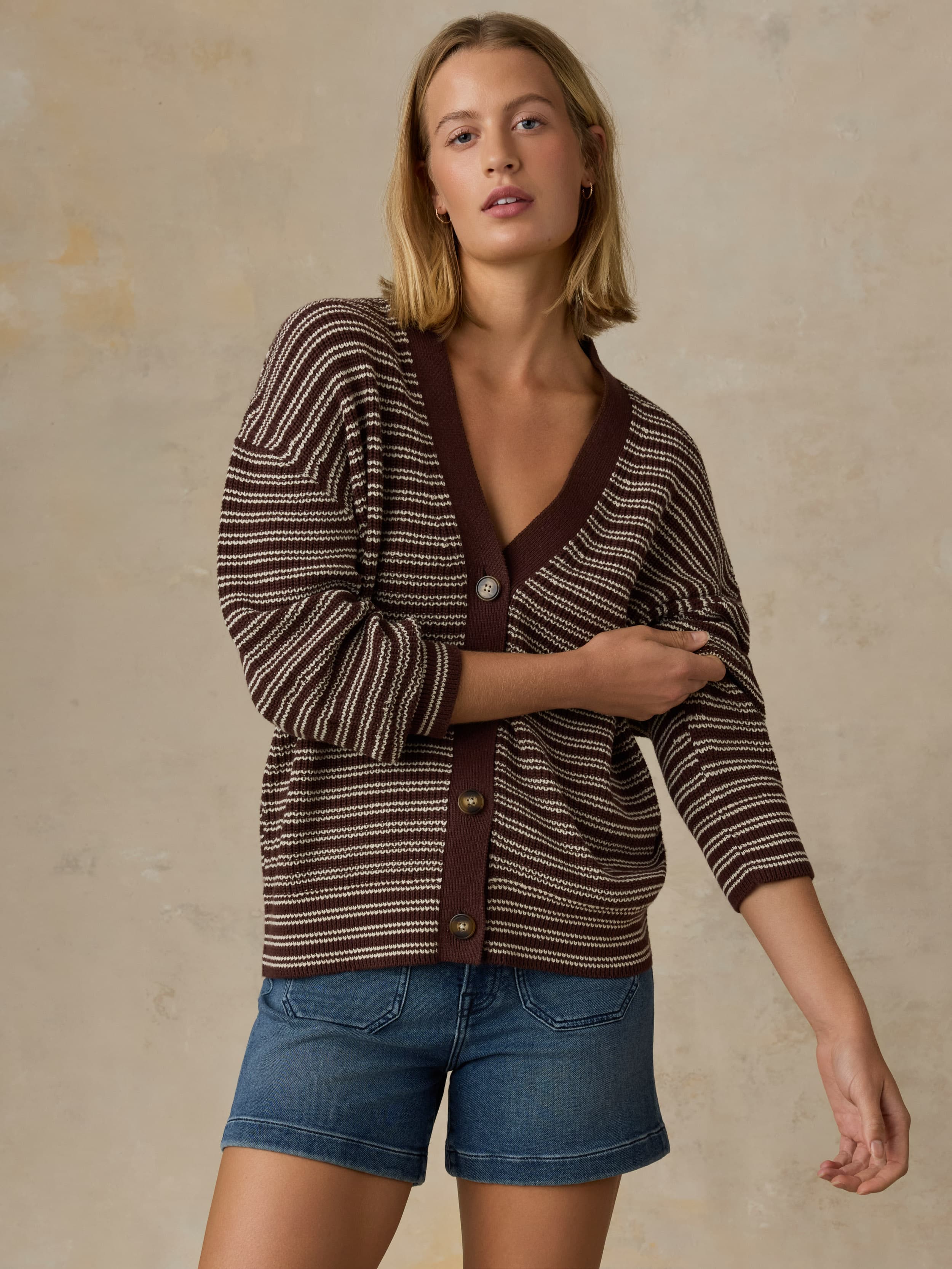 Miramar Linen Relaxed Cardigan - Mocha Stripe | Faherty Brand